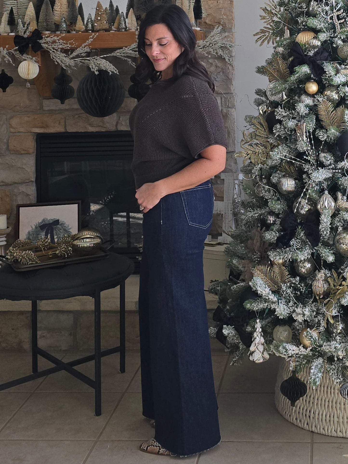 Pointelle Knit Short Sleeve Sweater