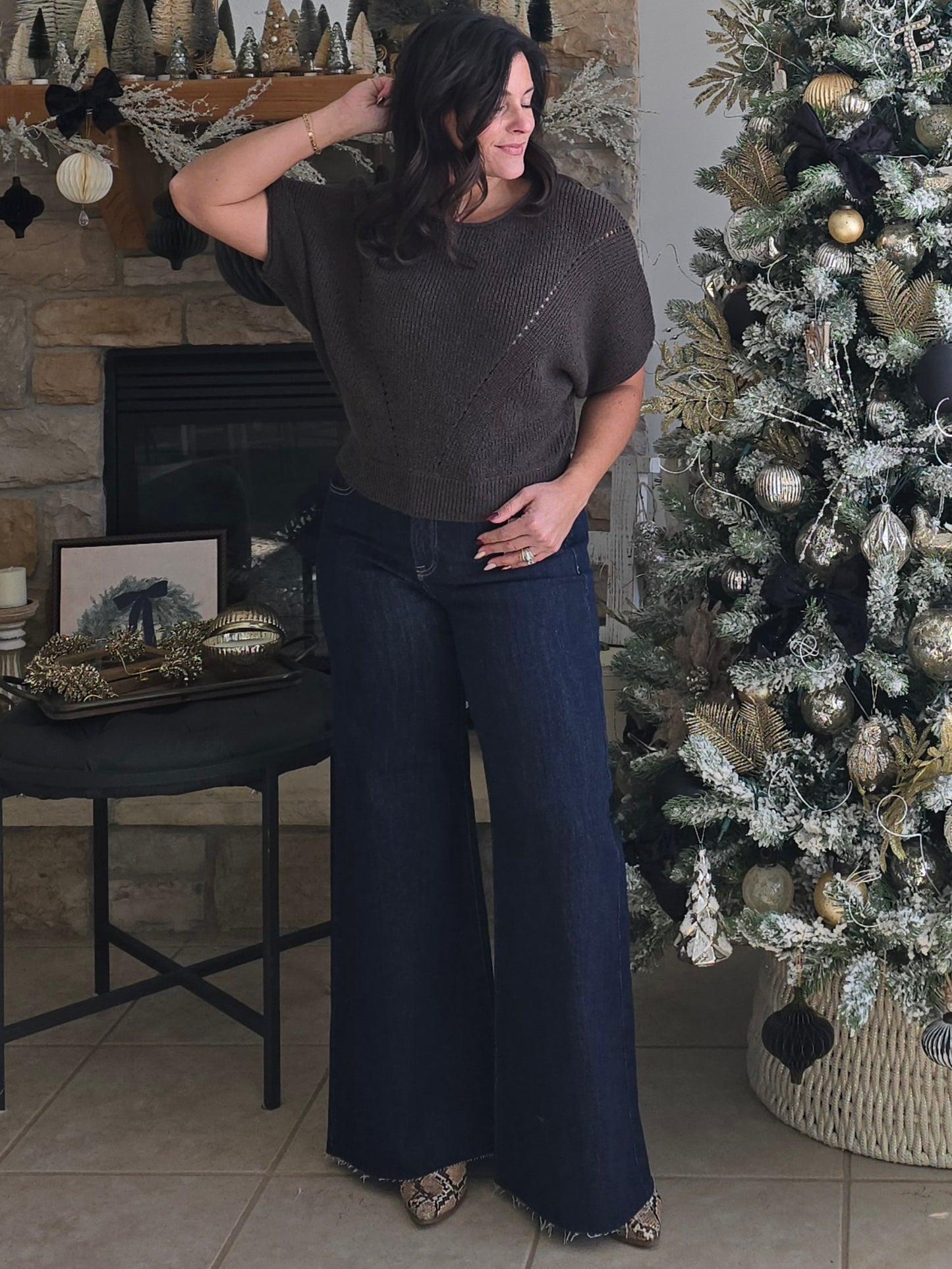 Pointelle Knit Short Sleeve Sweater