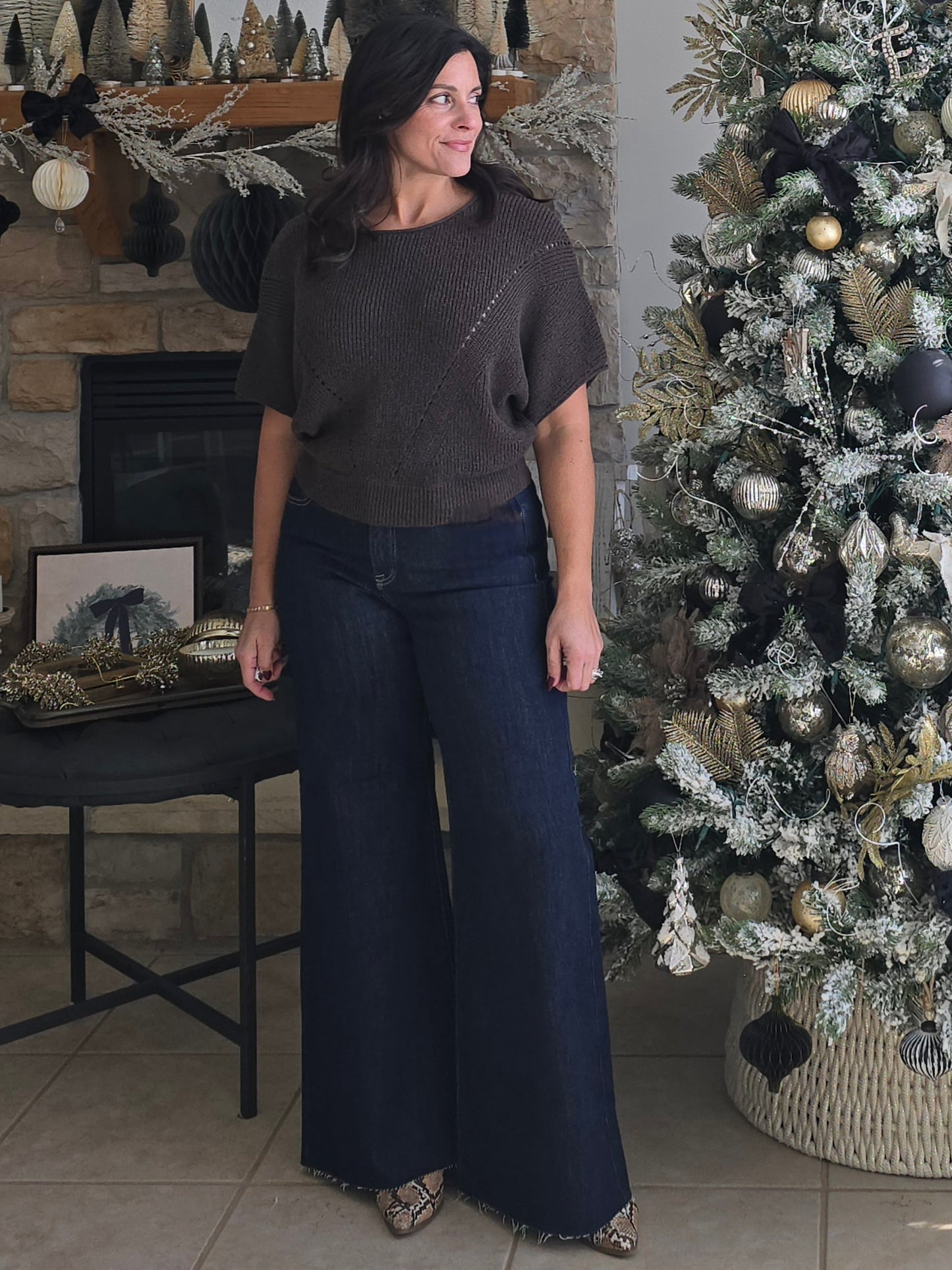 Pointelle Knit Short Sleeve Sweater