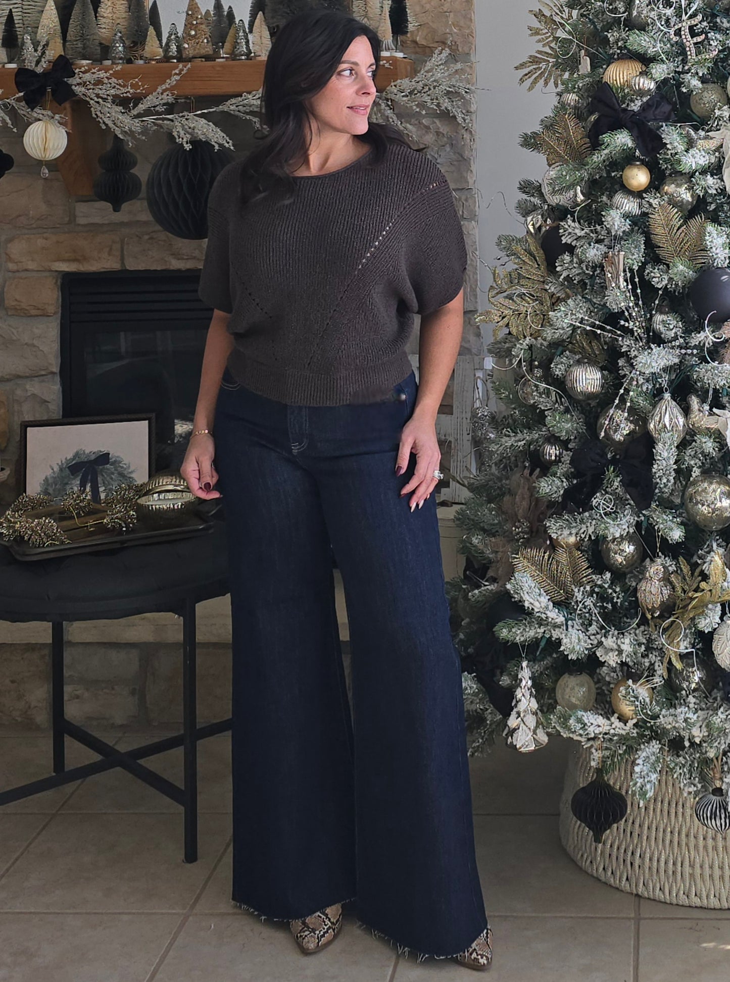 Pointelle Knit Short Sleeve Sweater