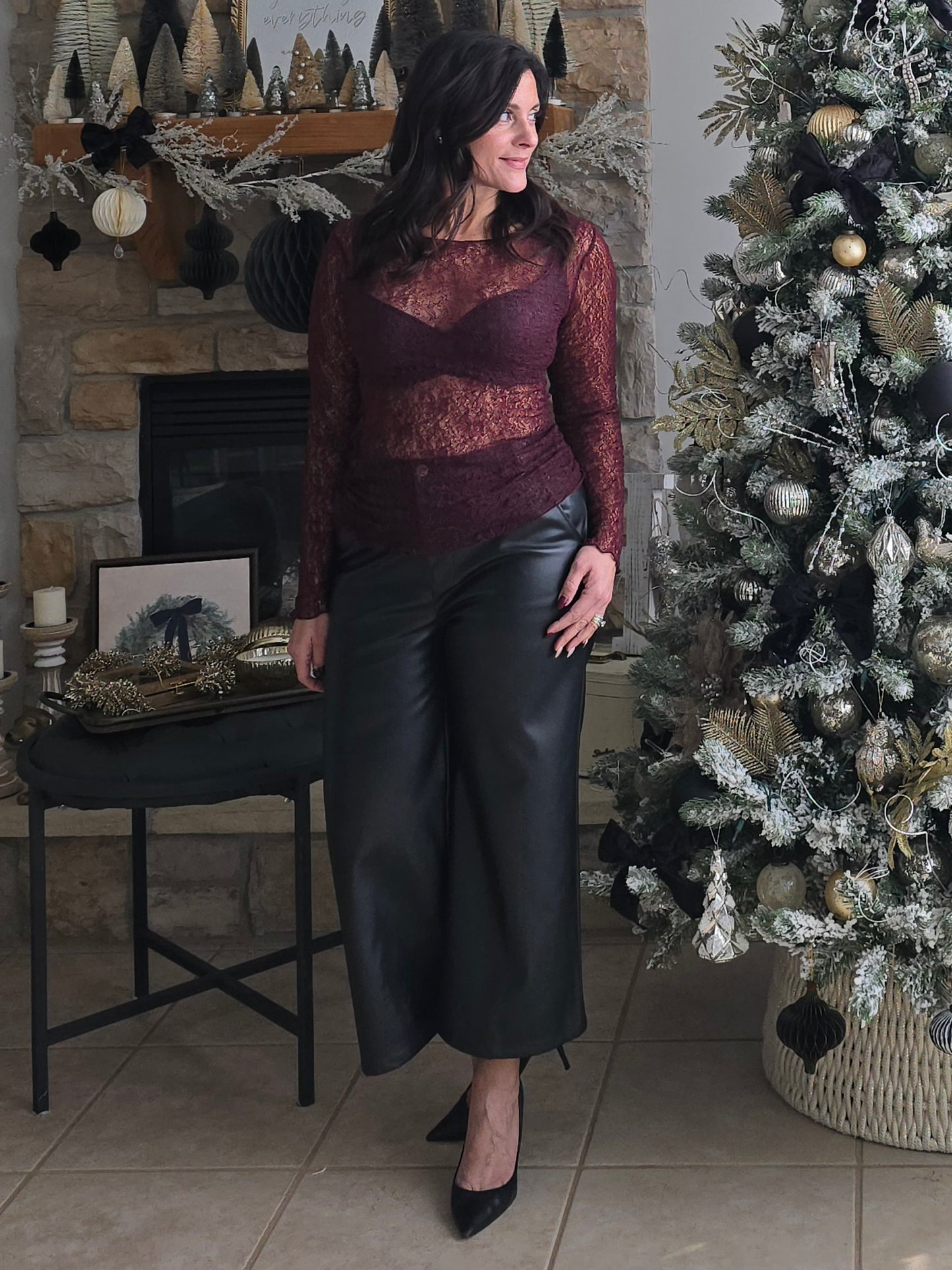 Mulberry Sheer Lace Long Sleeve Top