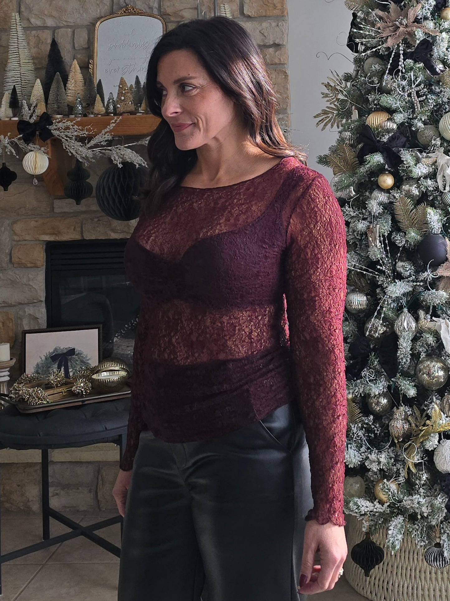 Mulberry Sheer Lace Long Sleeve Top