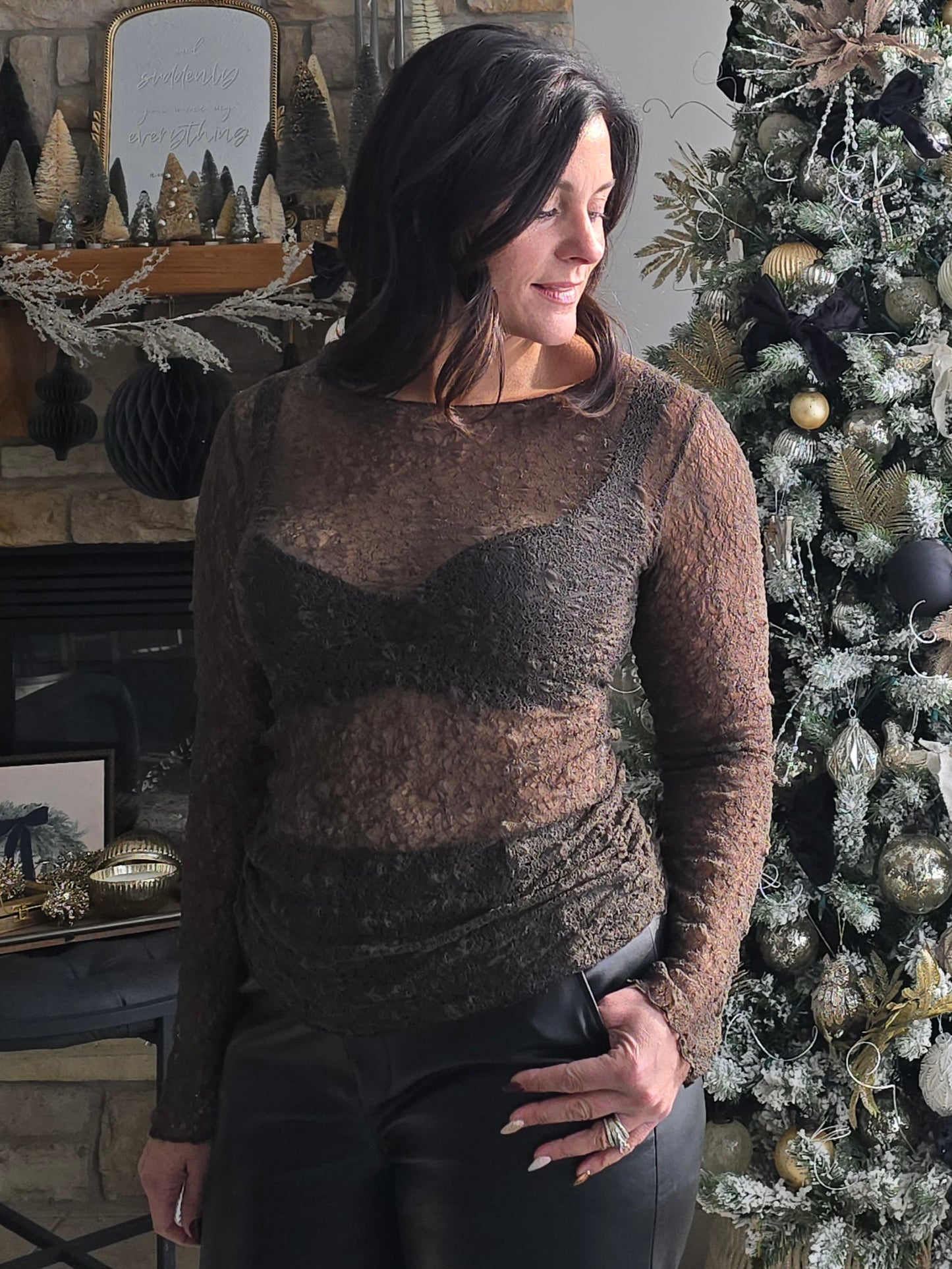 Pewter Sheer Lace Long Sleeve Top