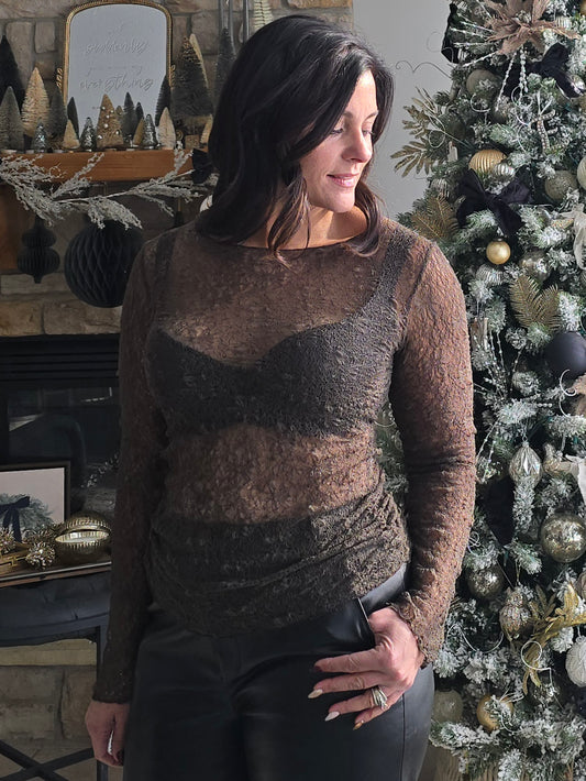 Pewter Sheer Lace Long Sleeve Top