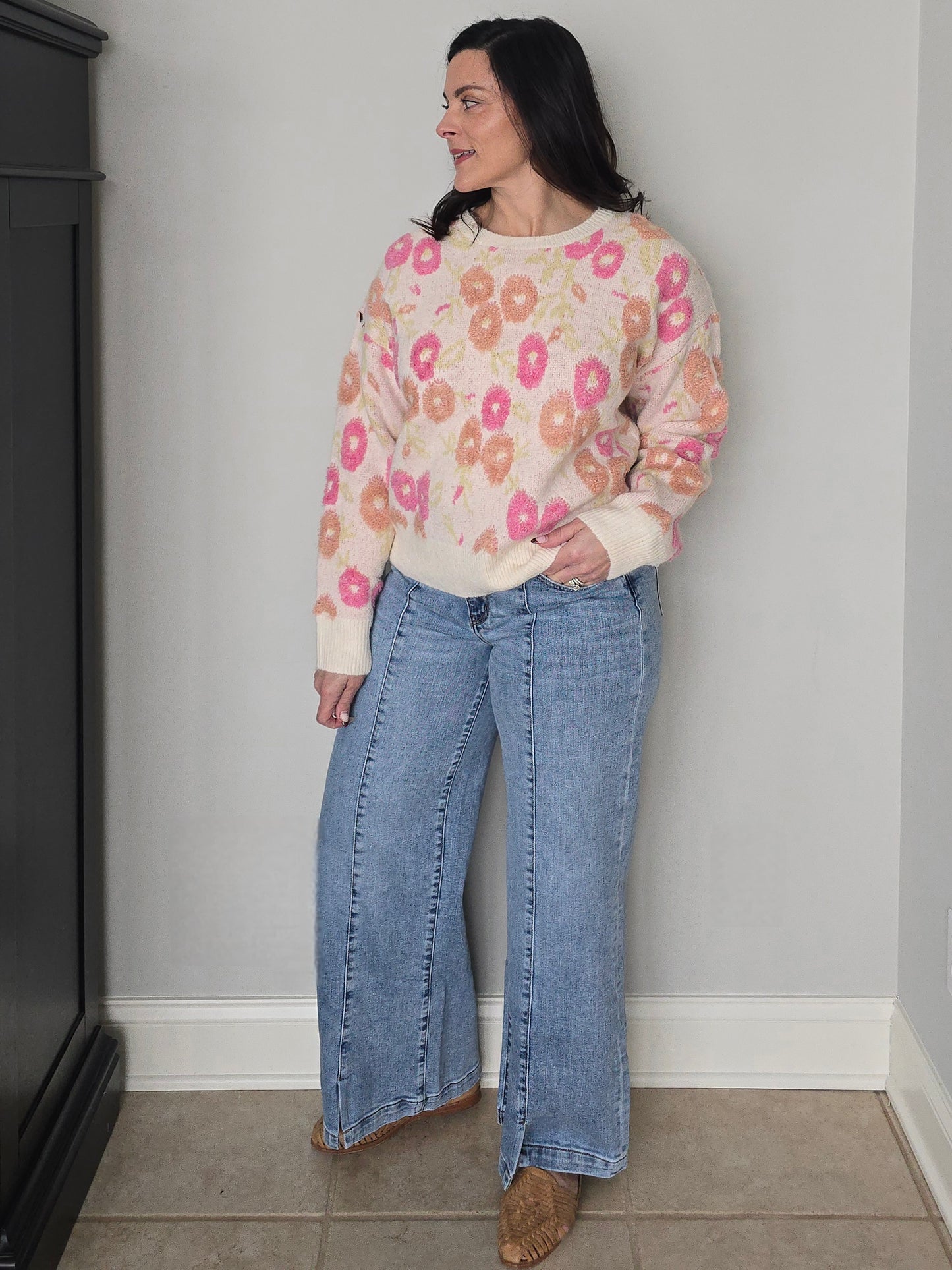 Terry Textured Floral Pattern Knit Sweater