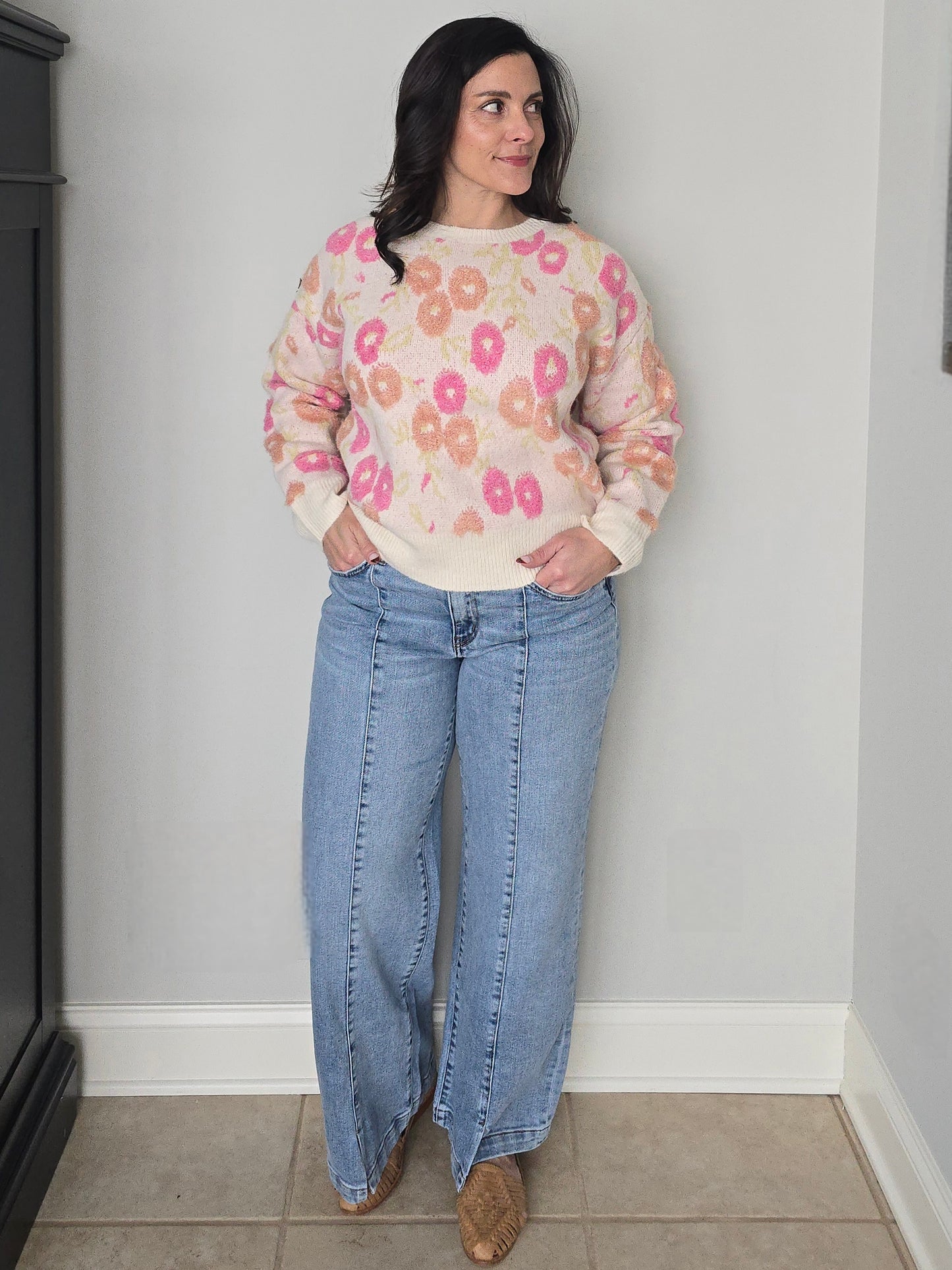 Terry Textured Floral Pattern Knit Sweater