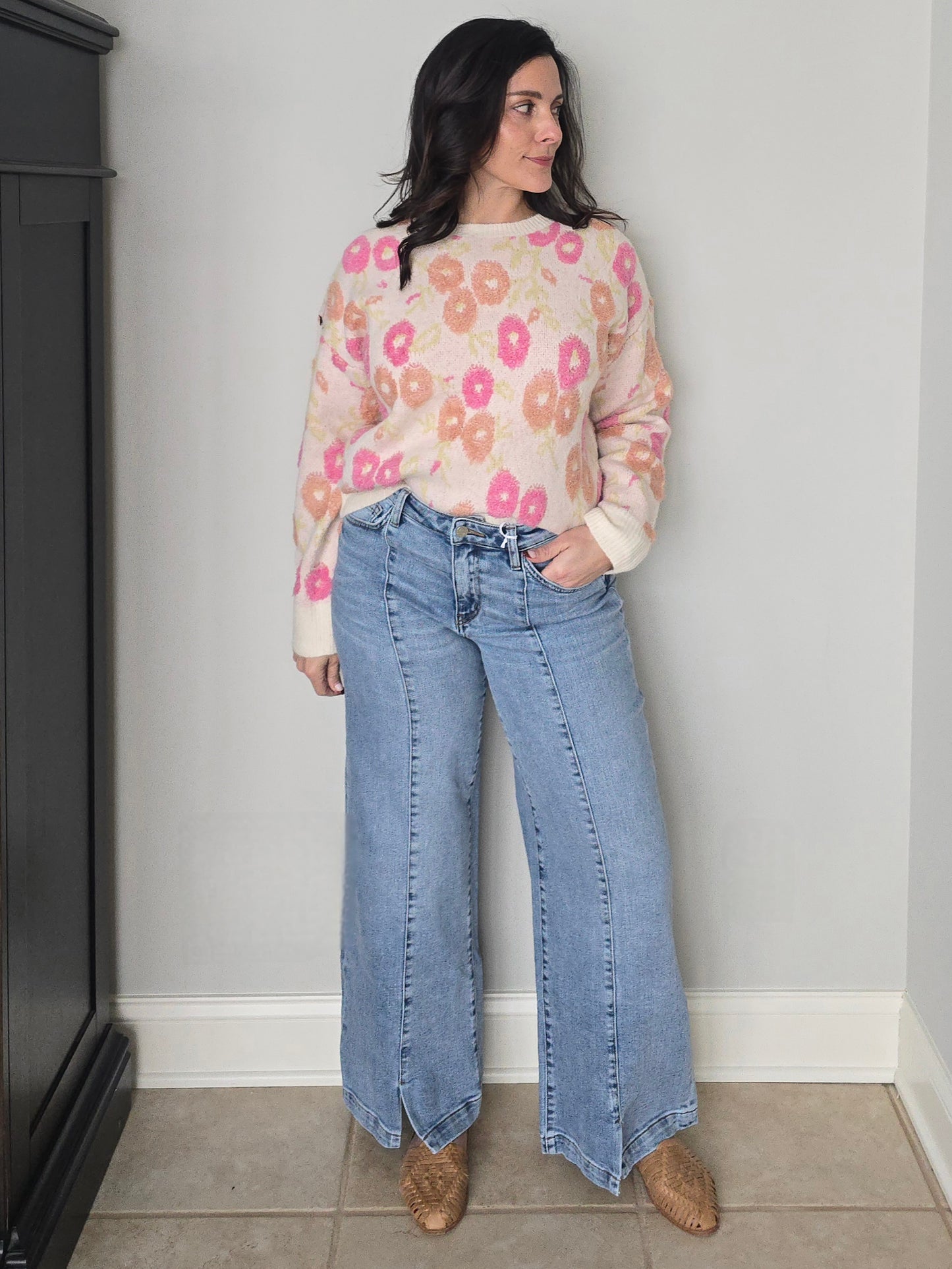 Terry Textured Floral Pattern Knit Sweater