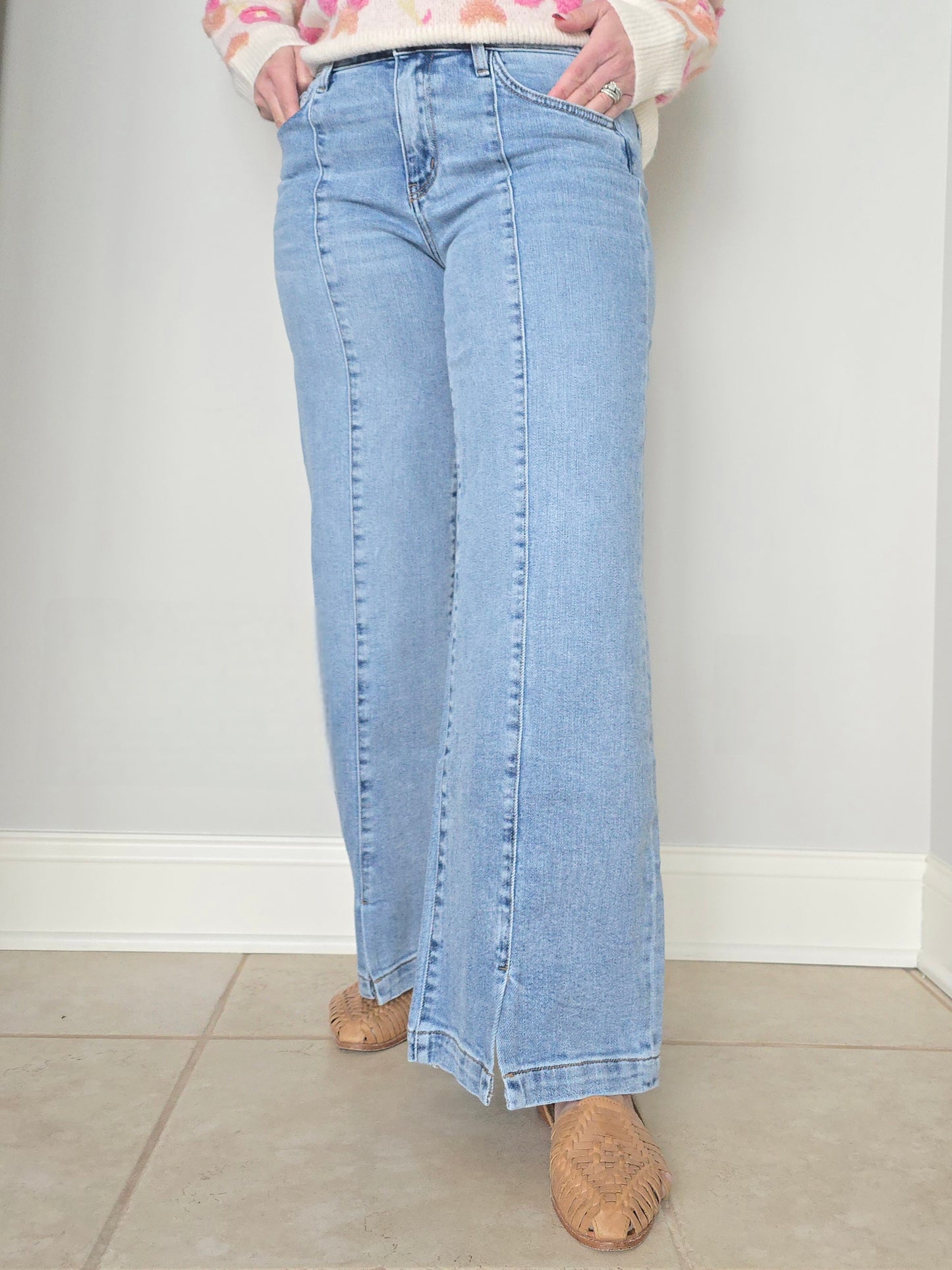Mid Rise Wide Leg Seam Detail Denim with Front Slit Hem