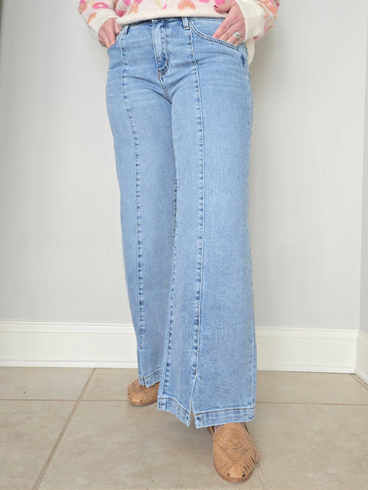 Mid Rise Wide Leg Seam Detail Denim with Front Slit Hem