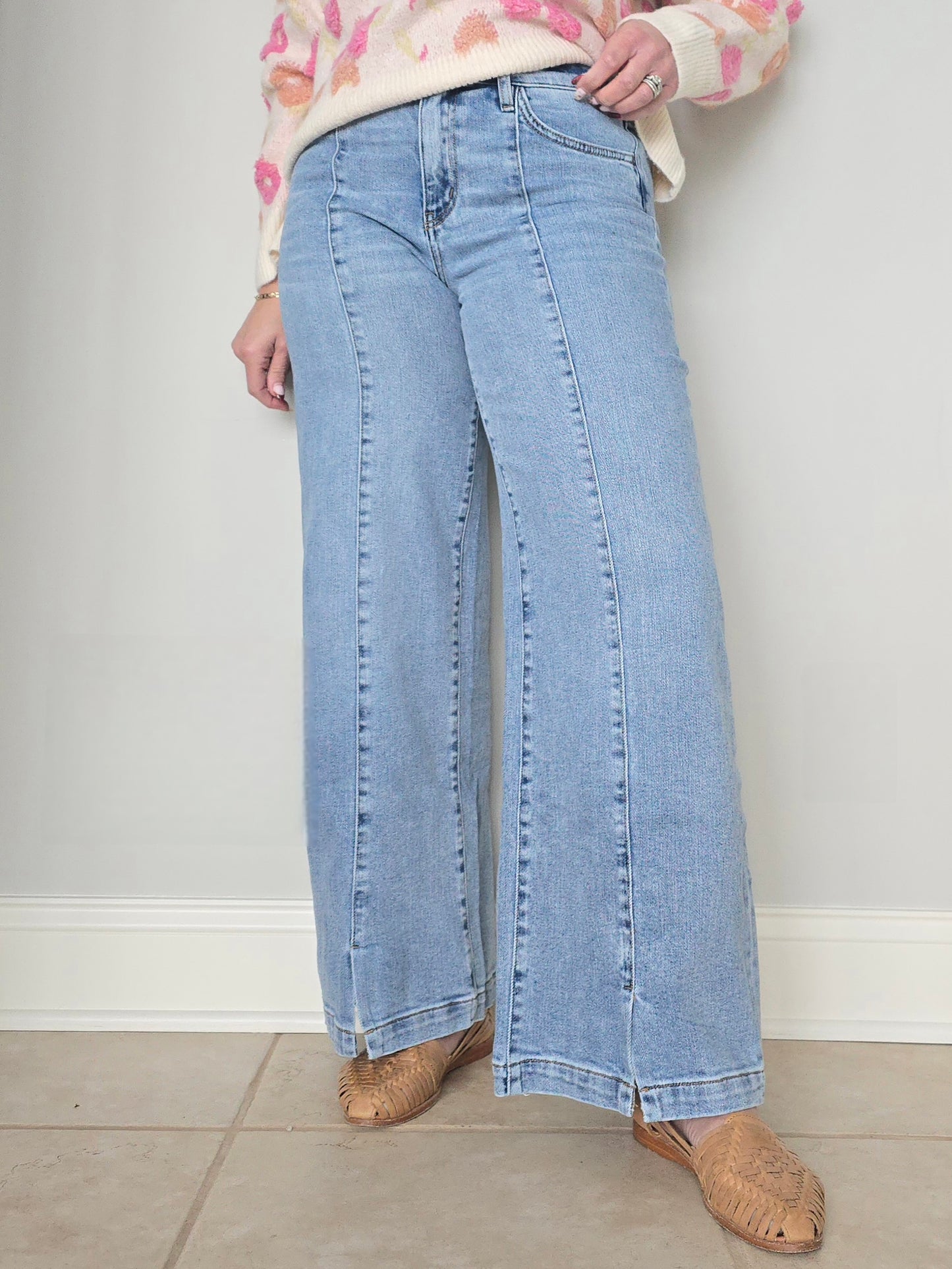 Mid Rise Wide Leg Seam Detail Denim with Front Slit Hem