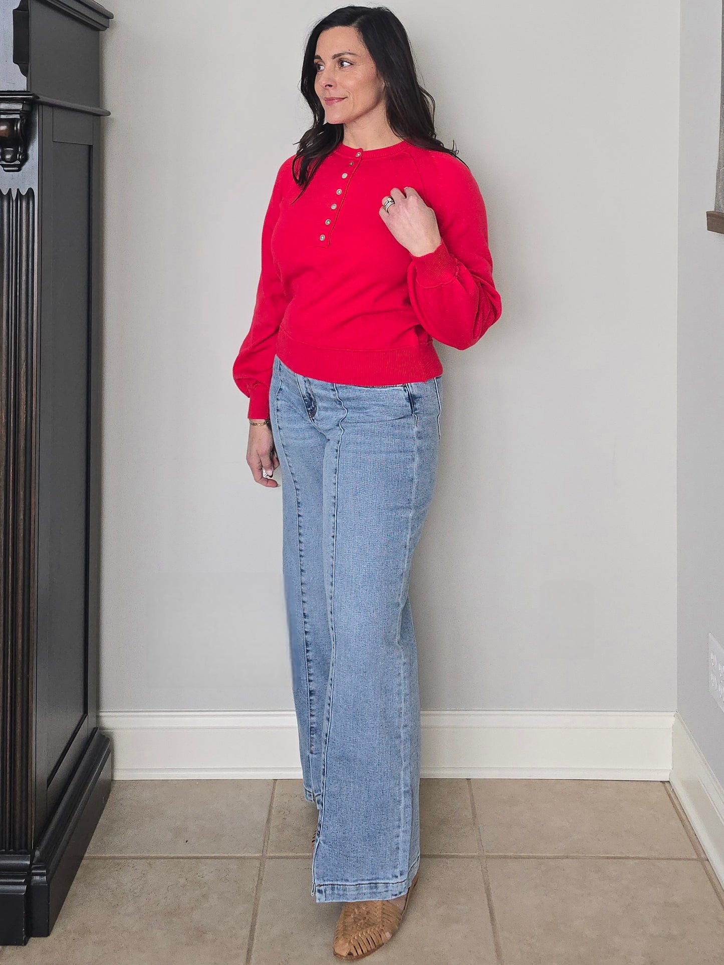 Puff Sleeve Henley Sweater with Shell Buttons