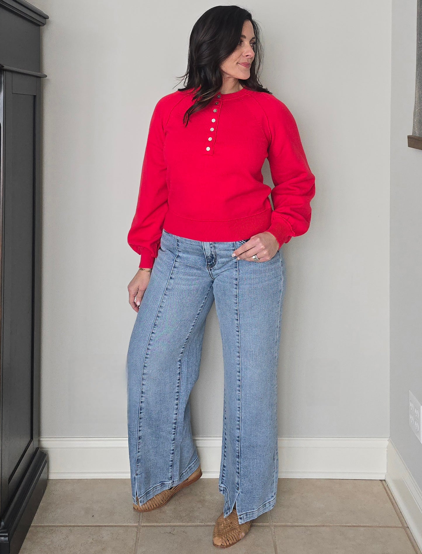 Puff Sleeve Henley Sweater with Shell Buttons