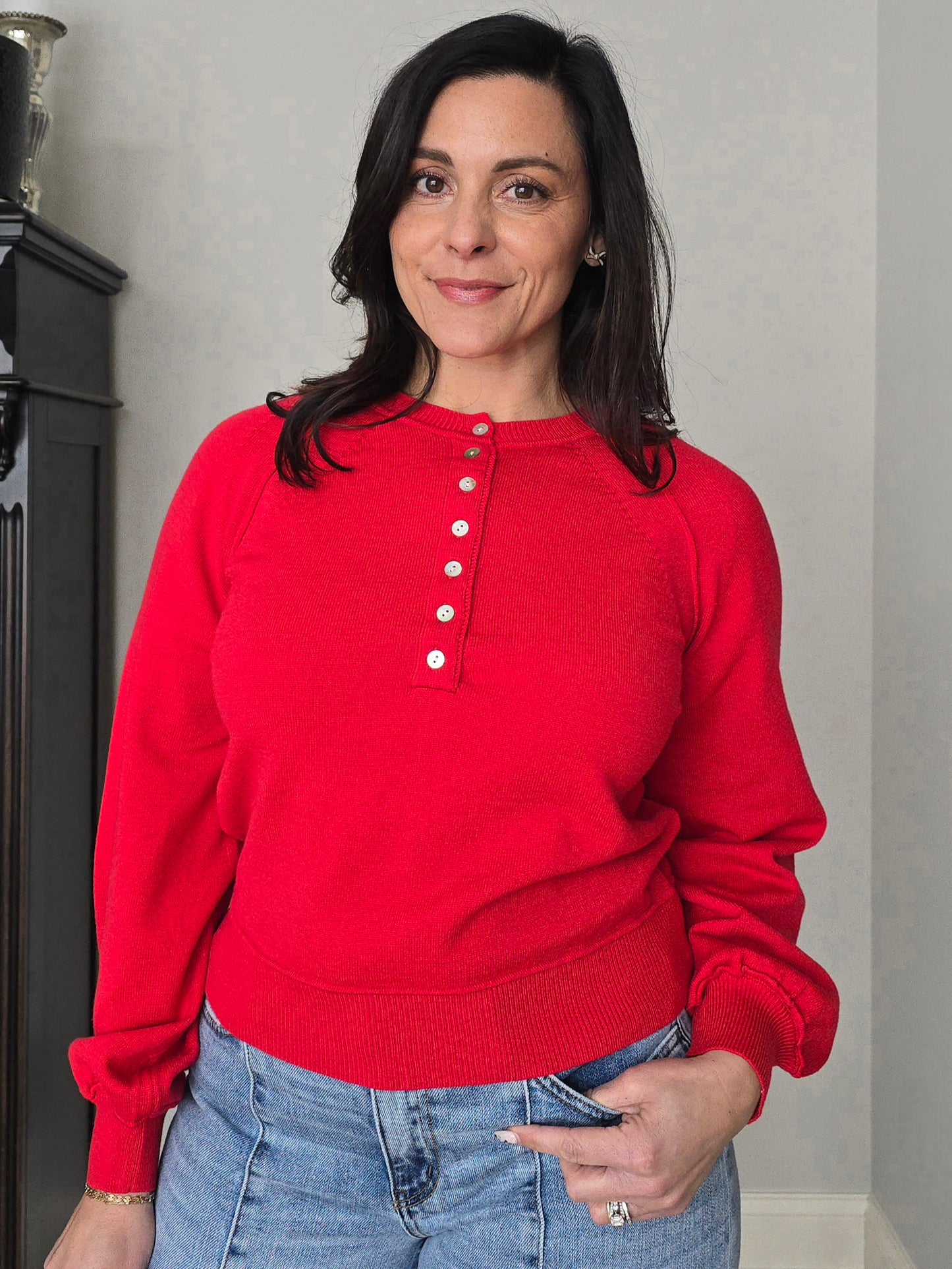 Puff Sleeve Henley Sweater with Shell Buttons