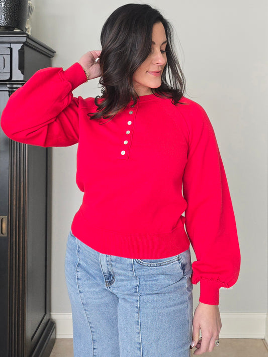 Puff Sleeve Henley Sweater with Shell Buttons
