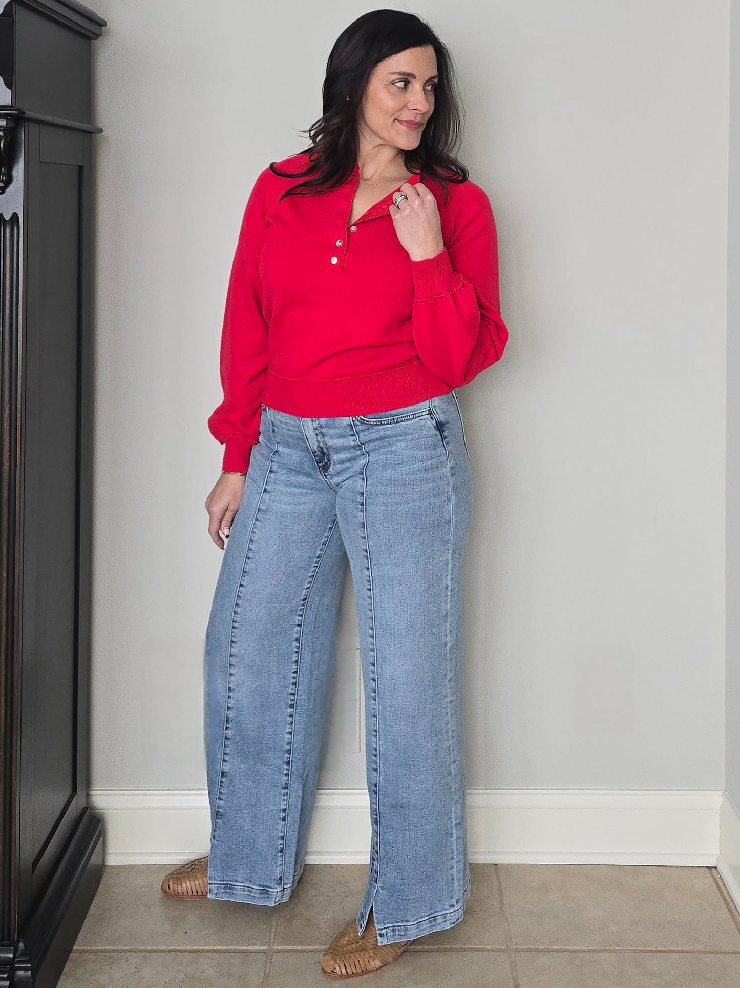 Puff Sleeve Henley Sweater with Shell Buttons