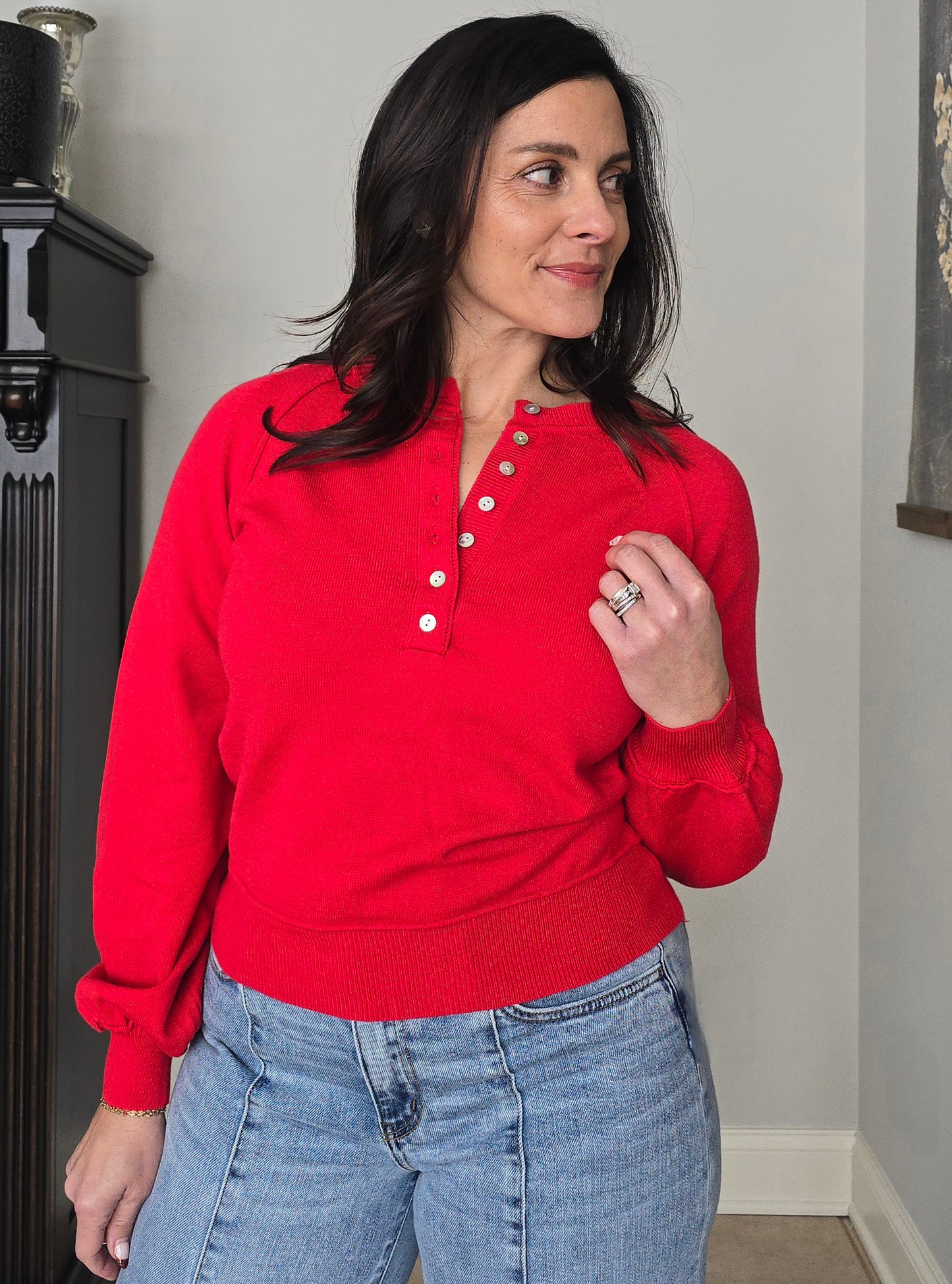 Puff Sleeve Henley Sweater with Shell Buttons