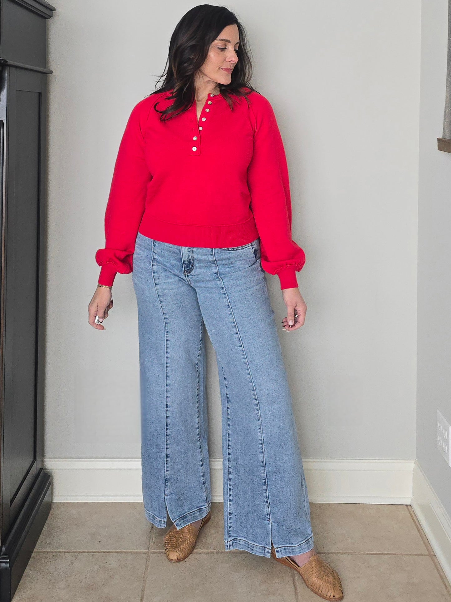 Puff Sleeve Henley Sweater with Shell Buttons