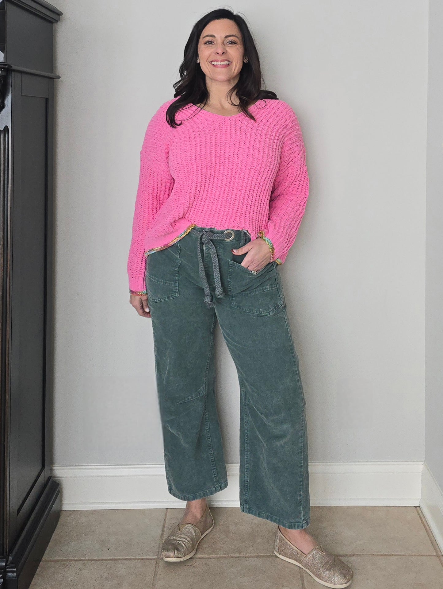 Pink Chenille Knit V-Neck Sweater with Multi Colored Trim