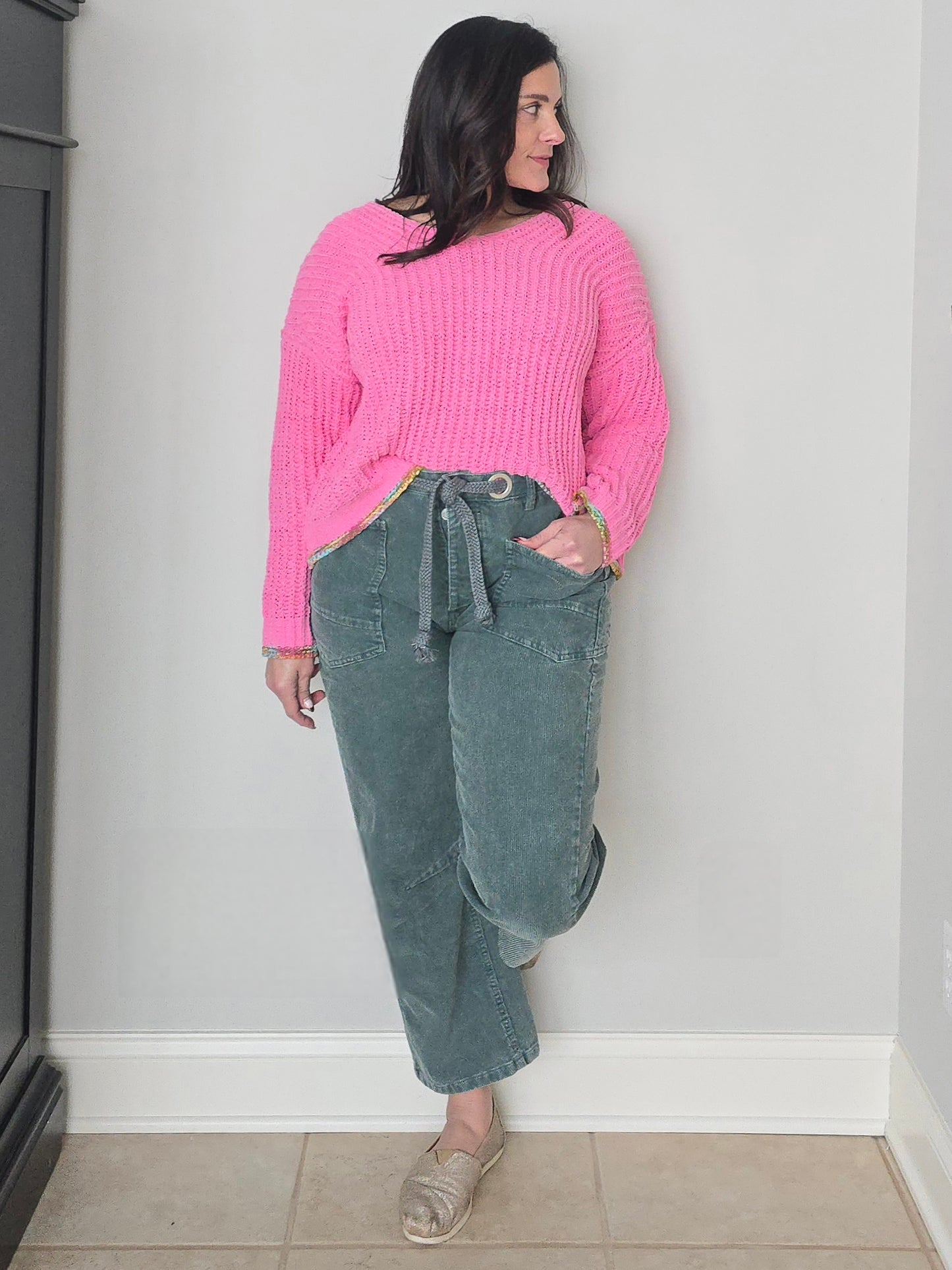 Pink Chenille Knit V-Neck Sweater with Multi Colored Trim