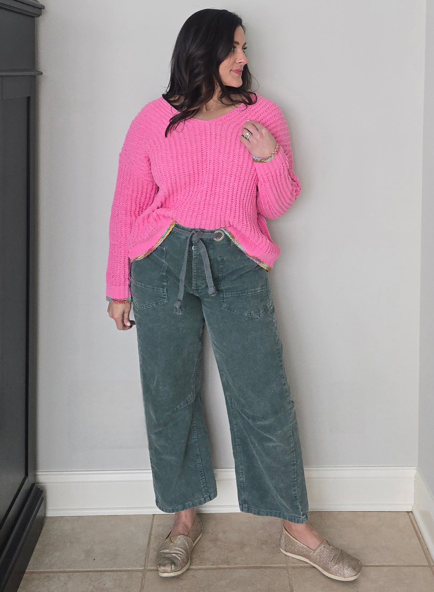 Pink Chenille Knit V-Neck Sweater with Multi Colored Trim