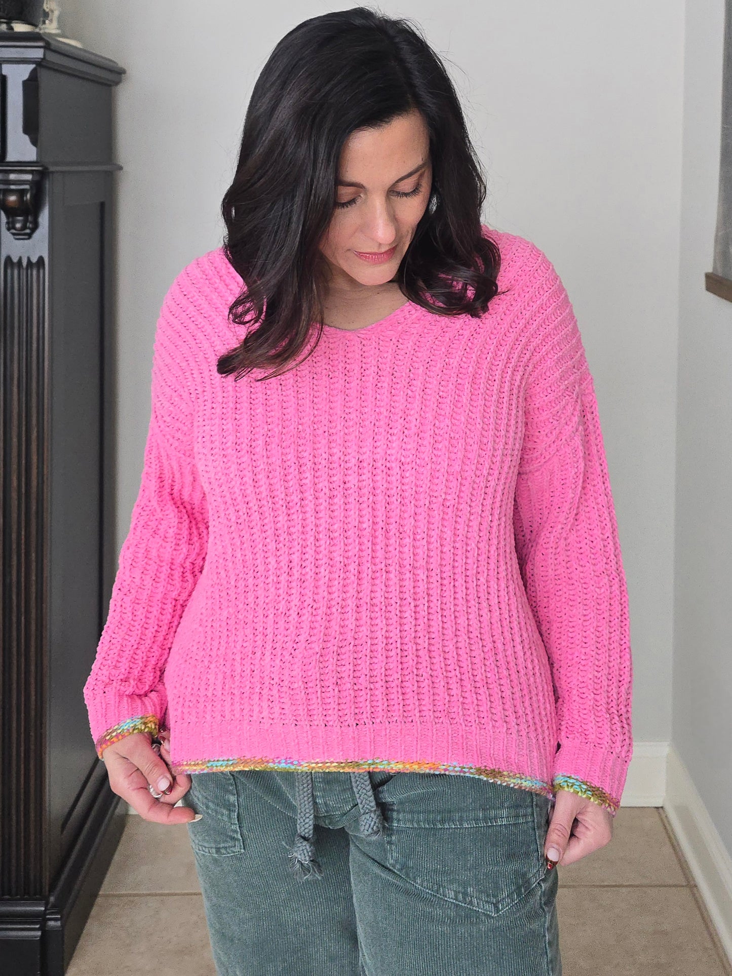 Pink Chenille Knit V-Neck Sweater with Multi Colored Trim