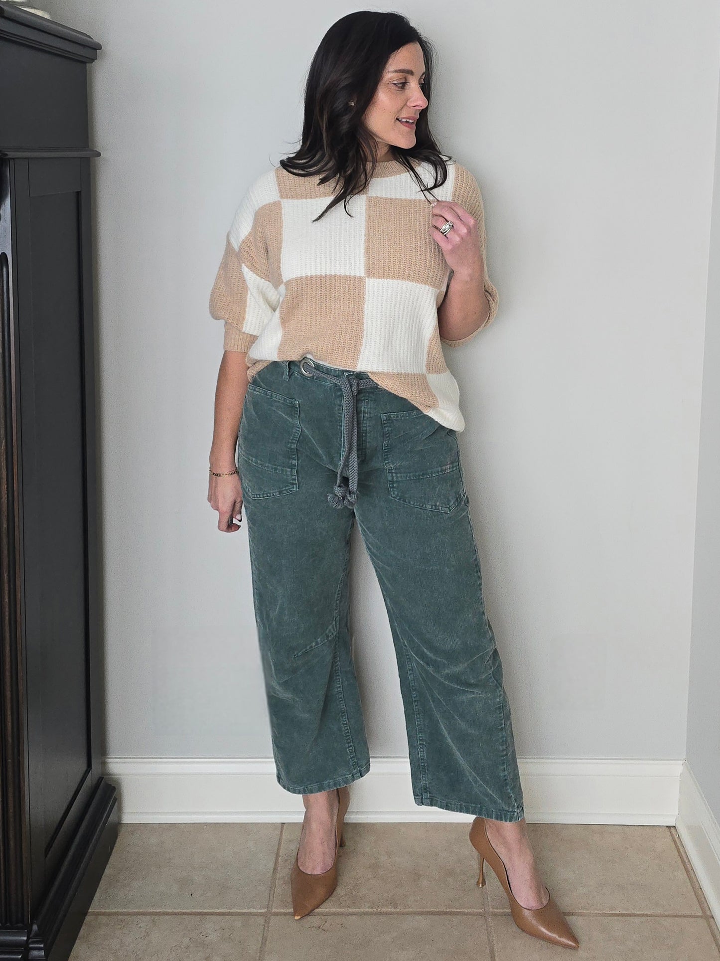 Neutral Checkered Short Sleeve Sweater