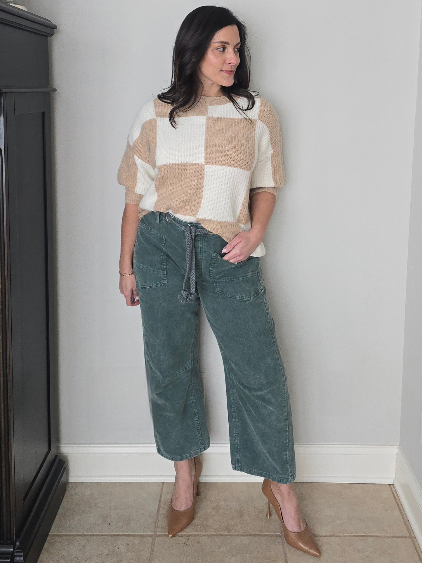 Neutral Checkered Short Sleeve Sweater