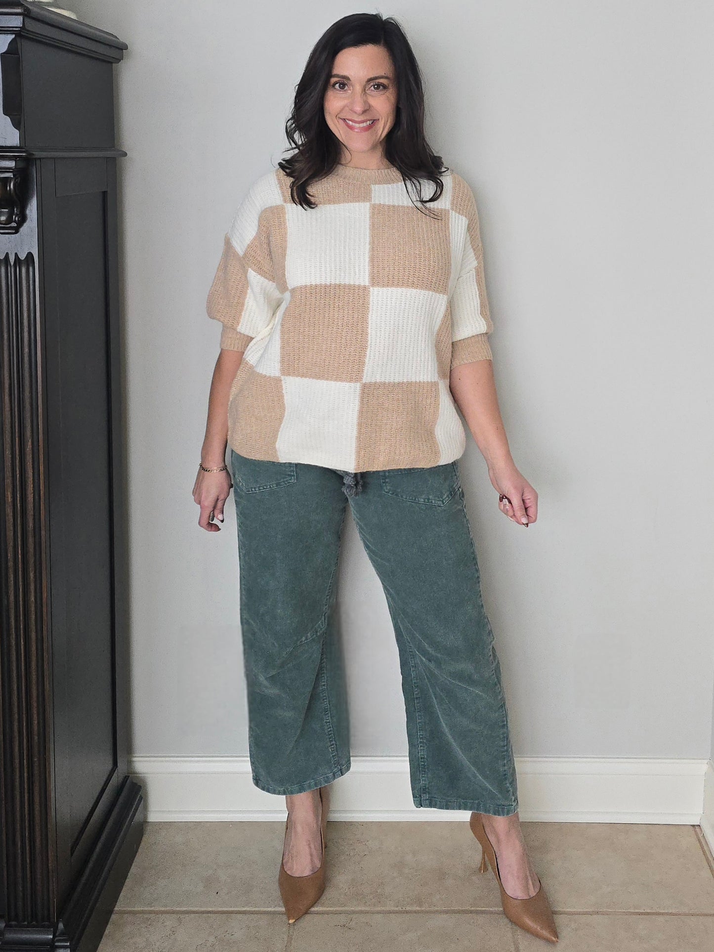 Neutral Checkered Short Sleeve Sweater