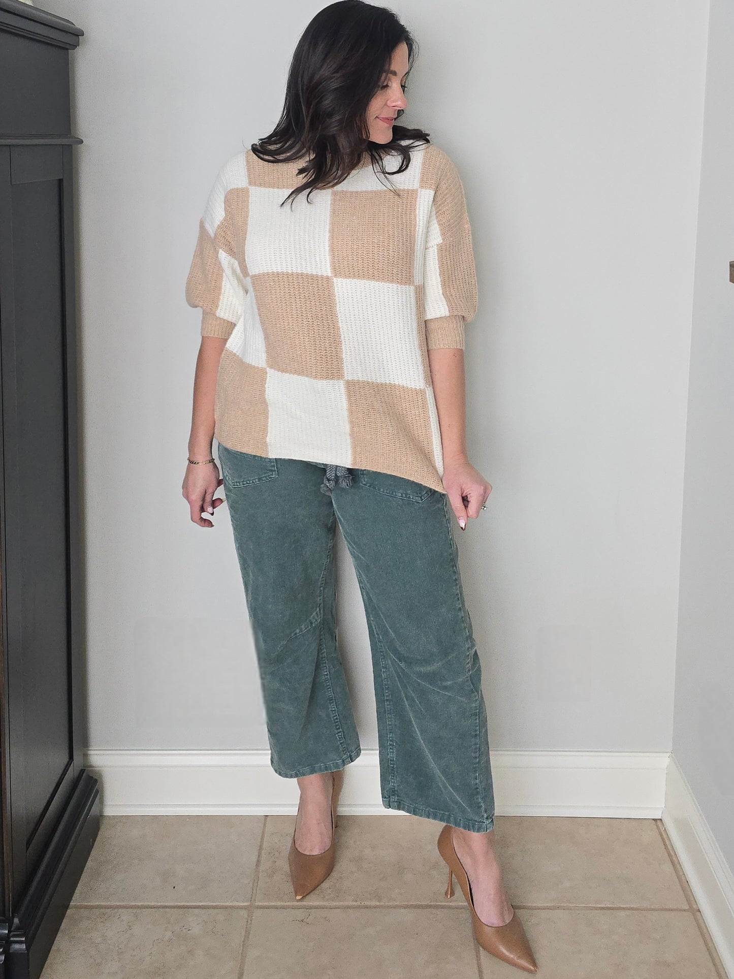 Neutral Checkered Short Sleeve Sweater