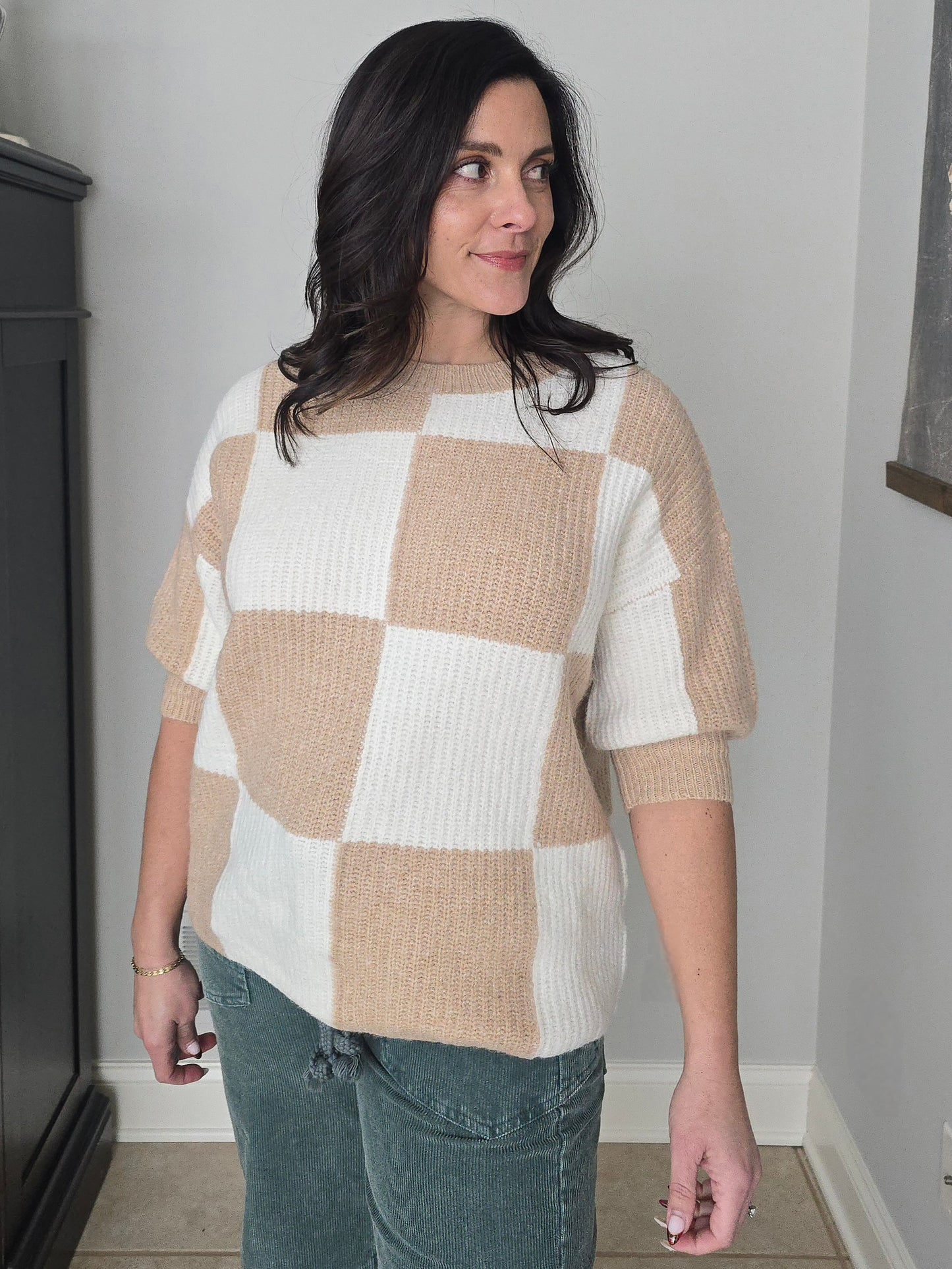 Neutral Checkered Short Sleeve Sweater