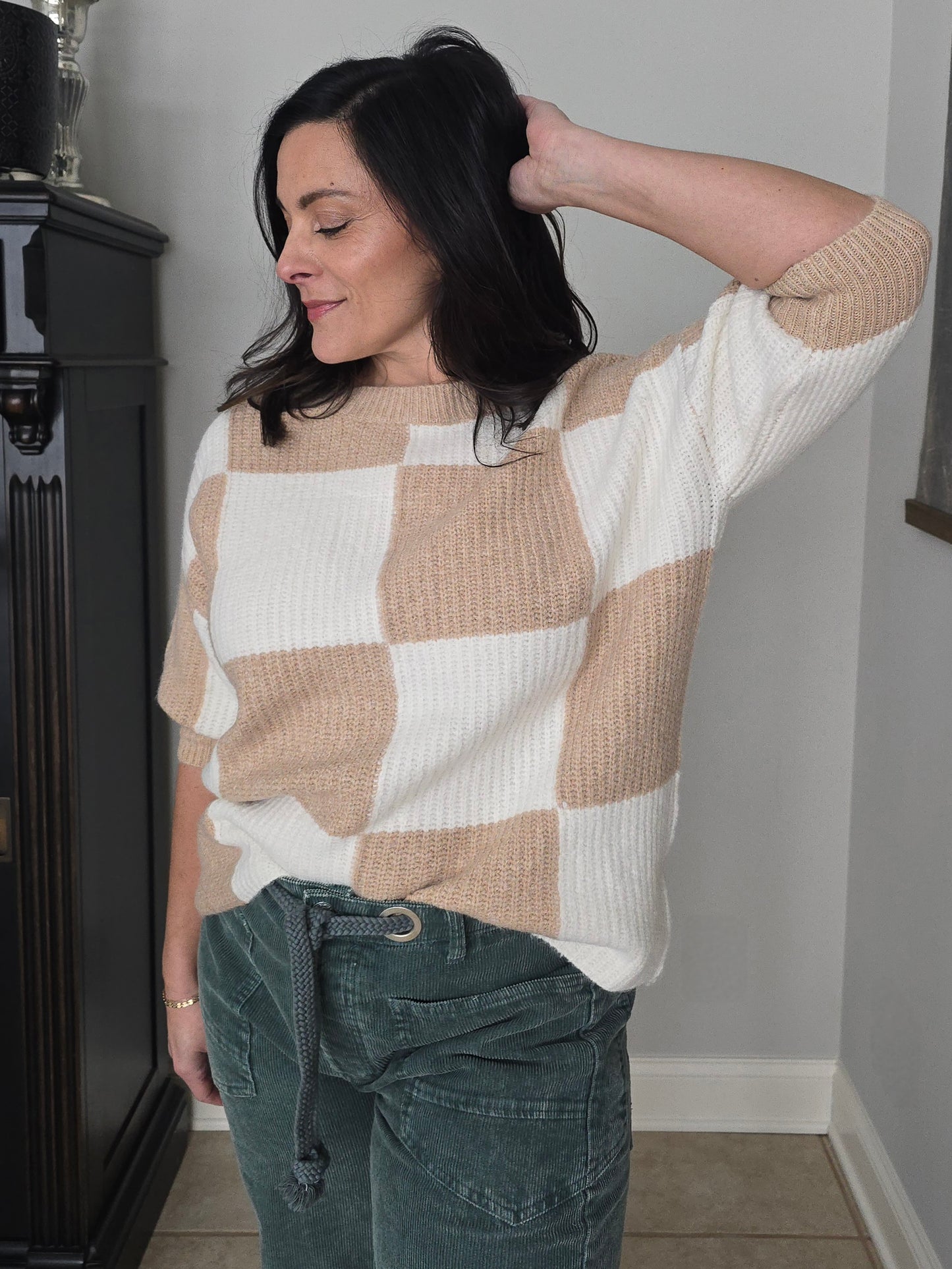 Neutral Checkered Short Sleeve Sweater