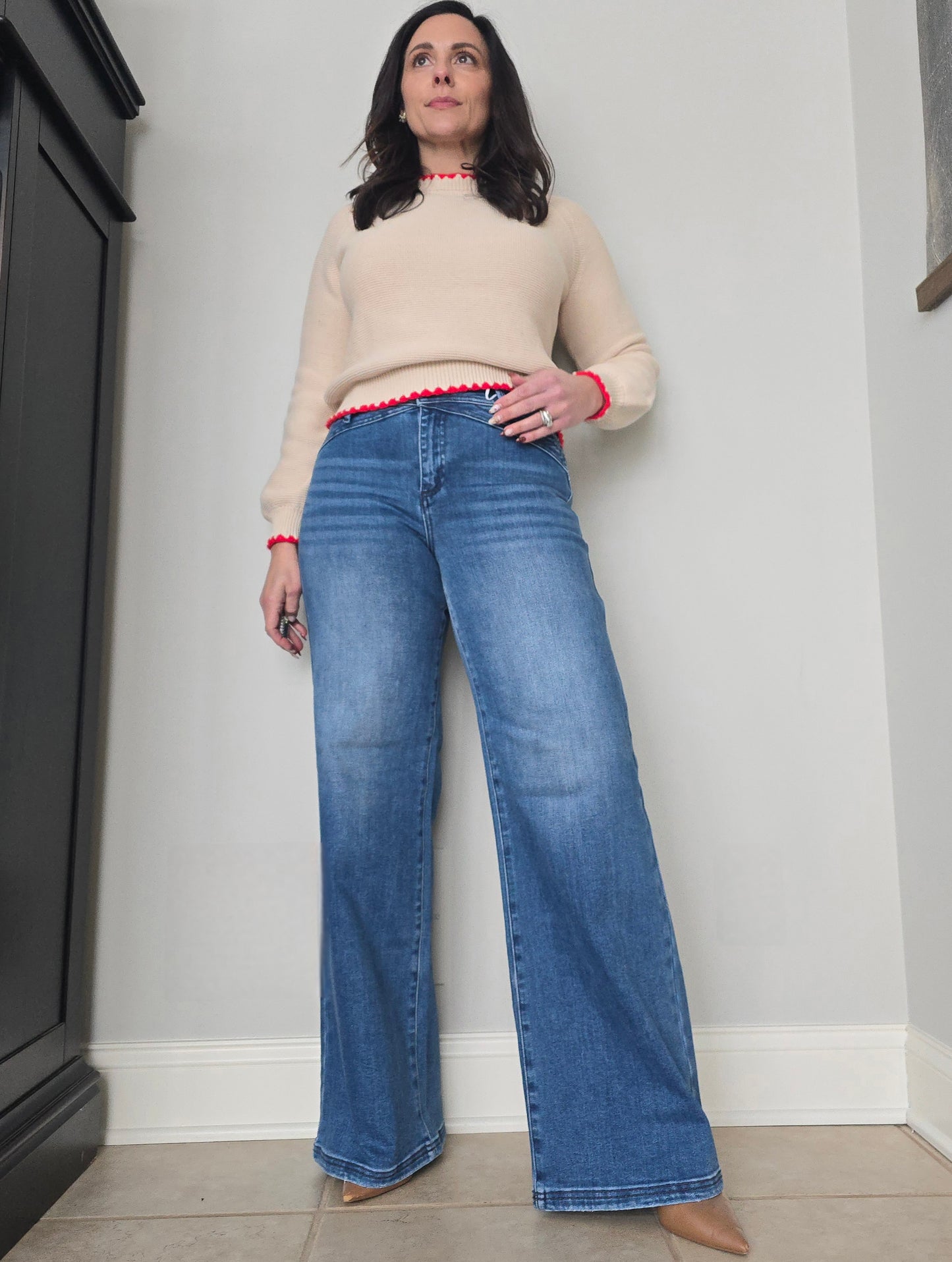 High Rise Waist Detail Wide Leg Jeans