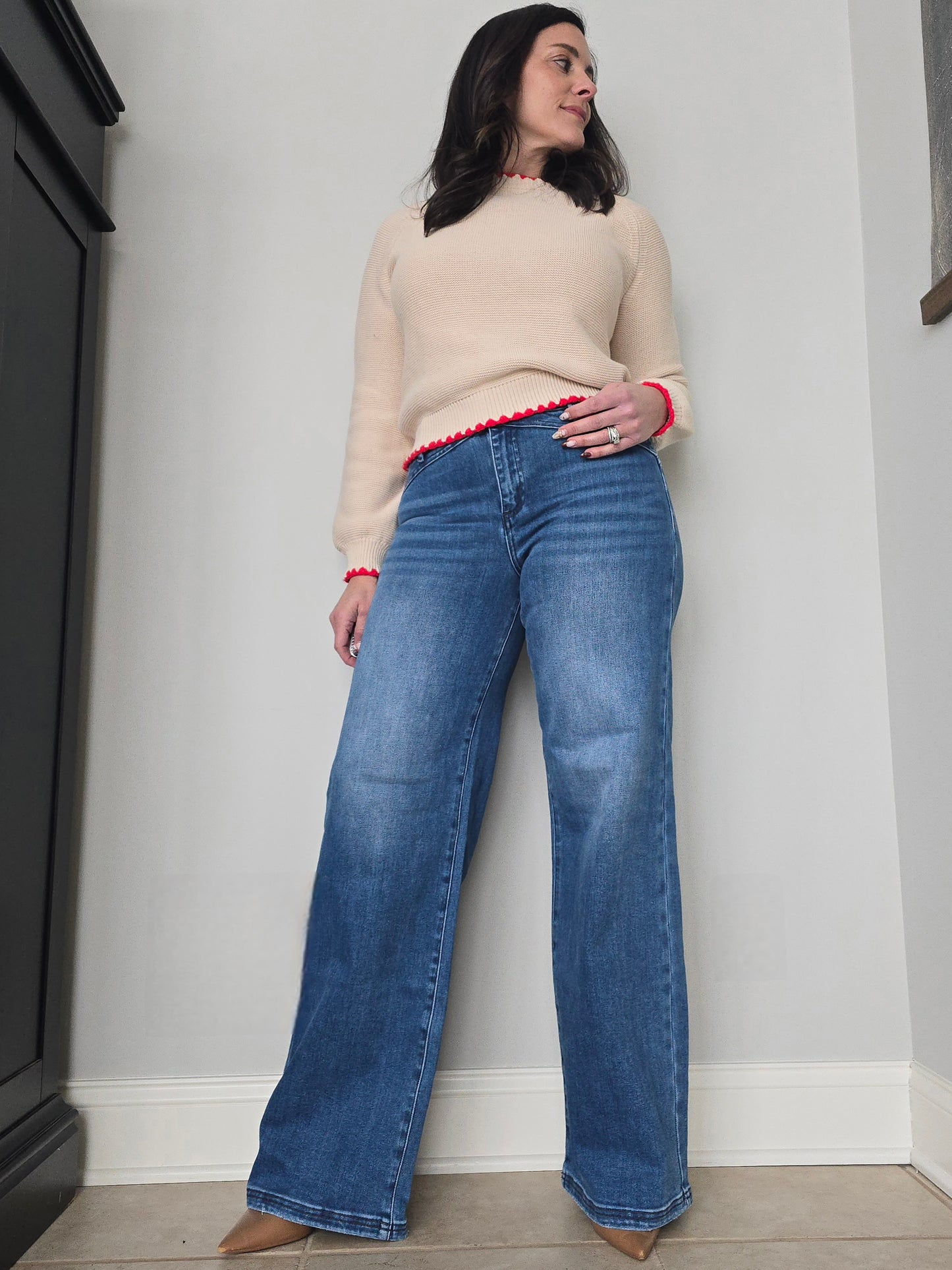 High Rise Waist Detail Wide Leg Jeans