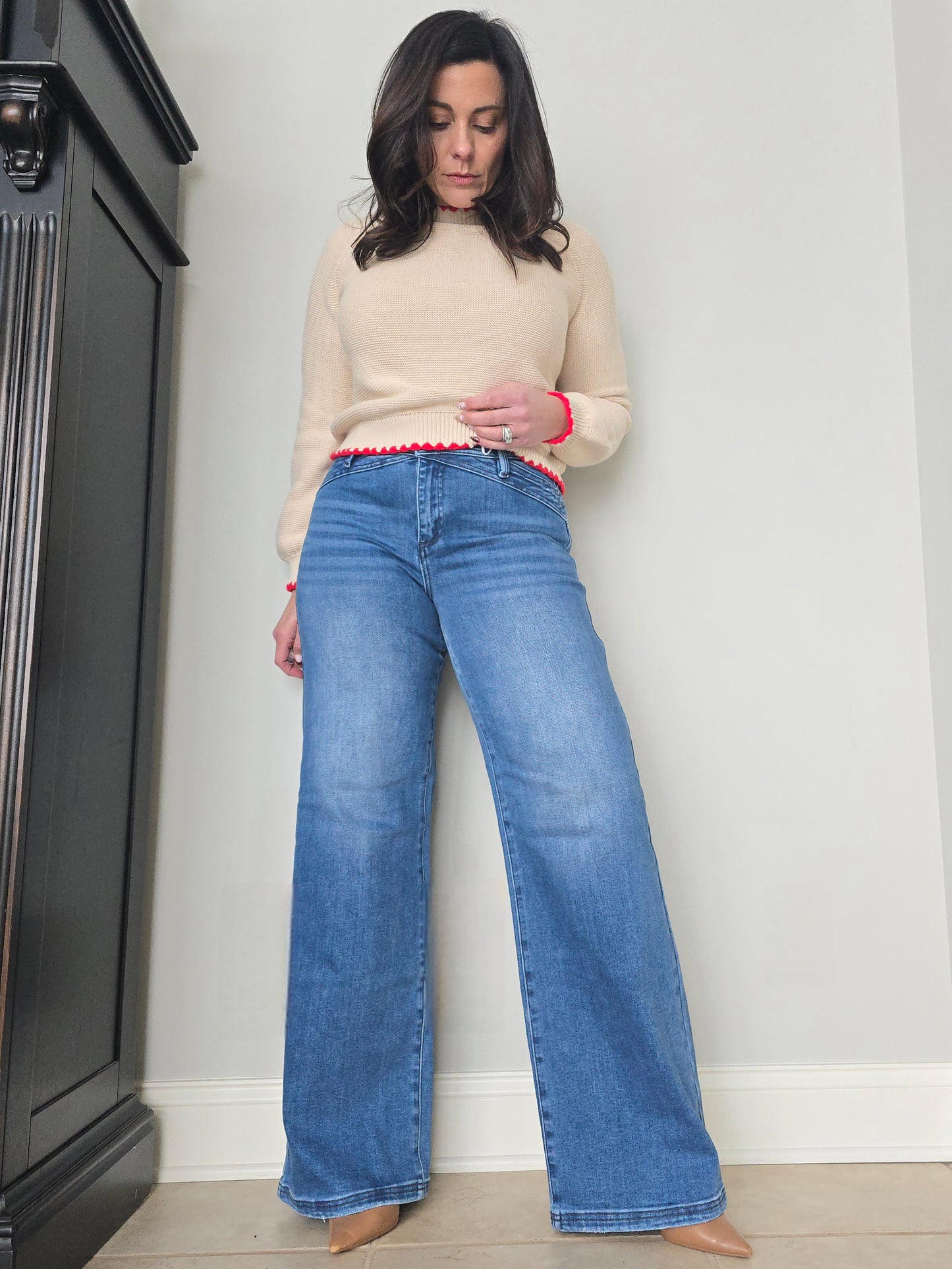 High Rise Waist Detail Wide Leg Jeans