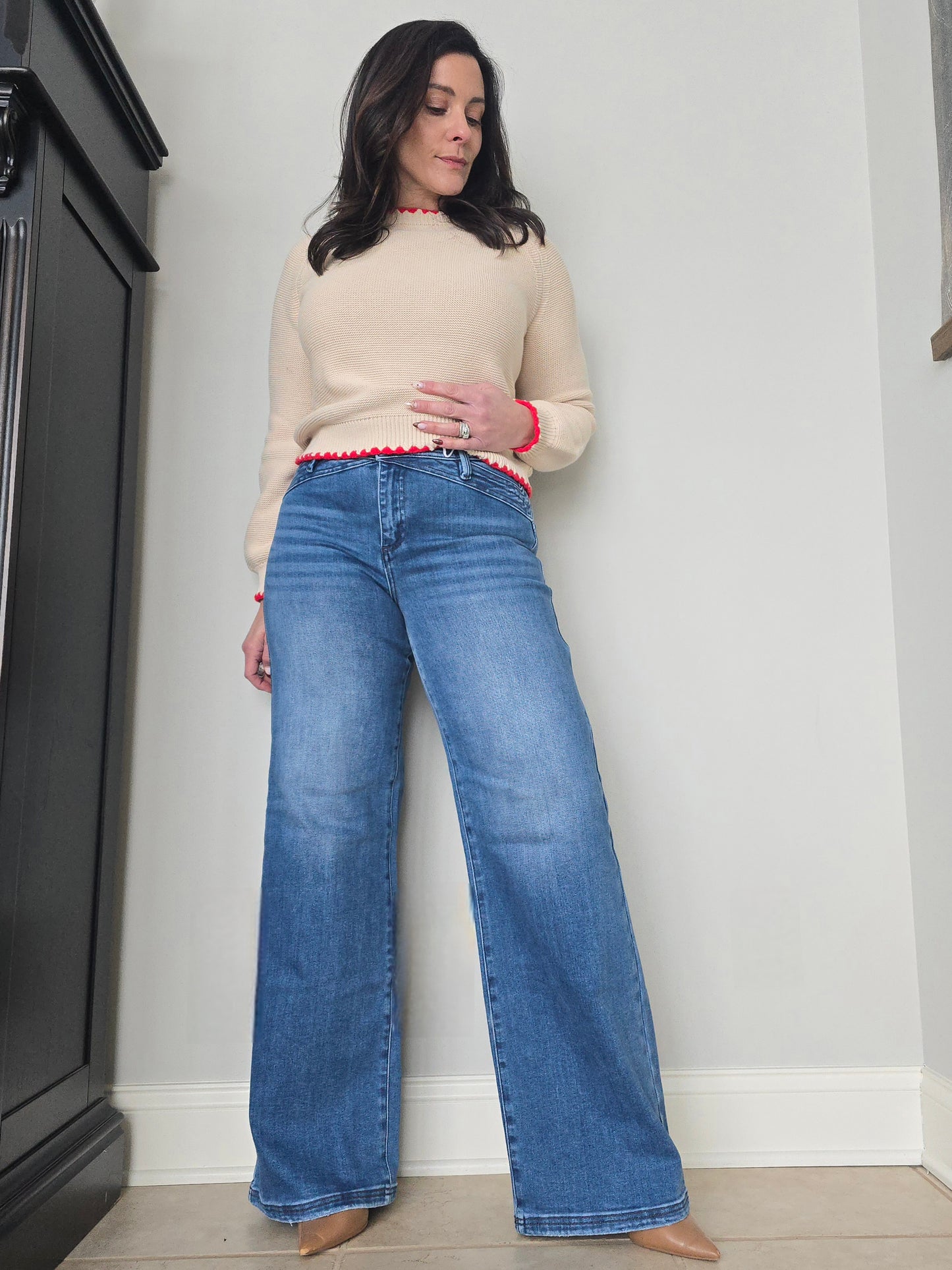 High Rise Waist Detail Wide Leg Jeans