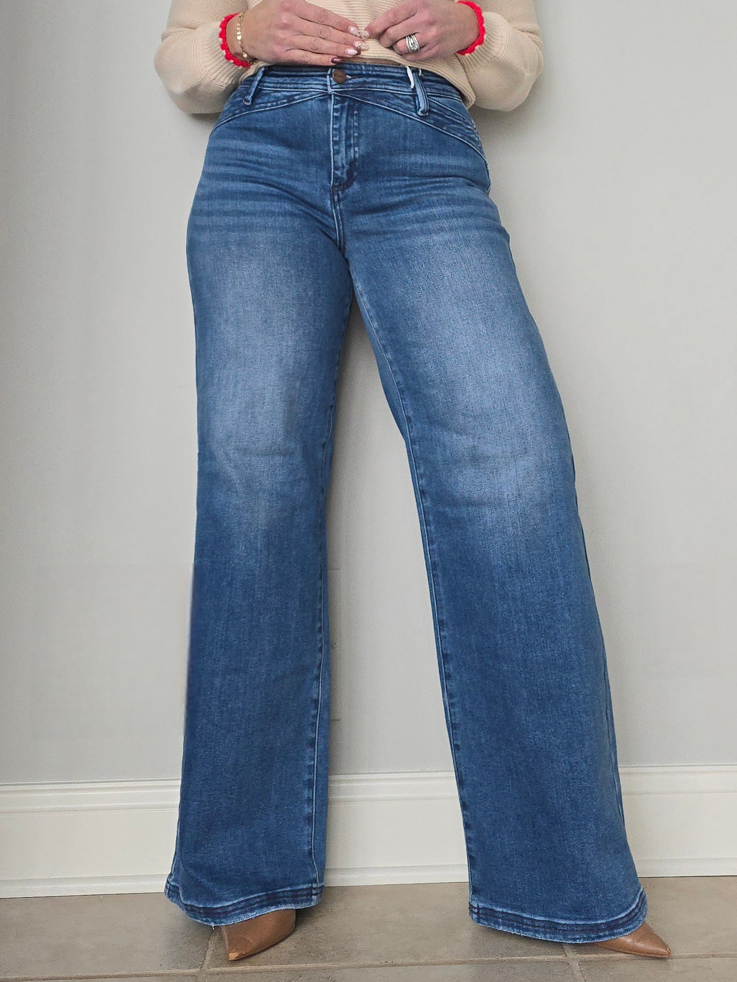 High Rise Waist Detail Wide Leg Jeans