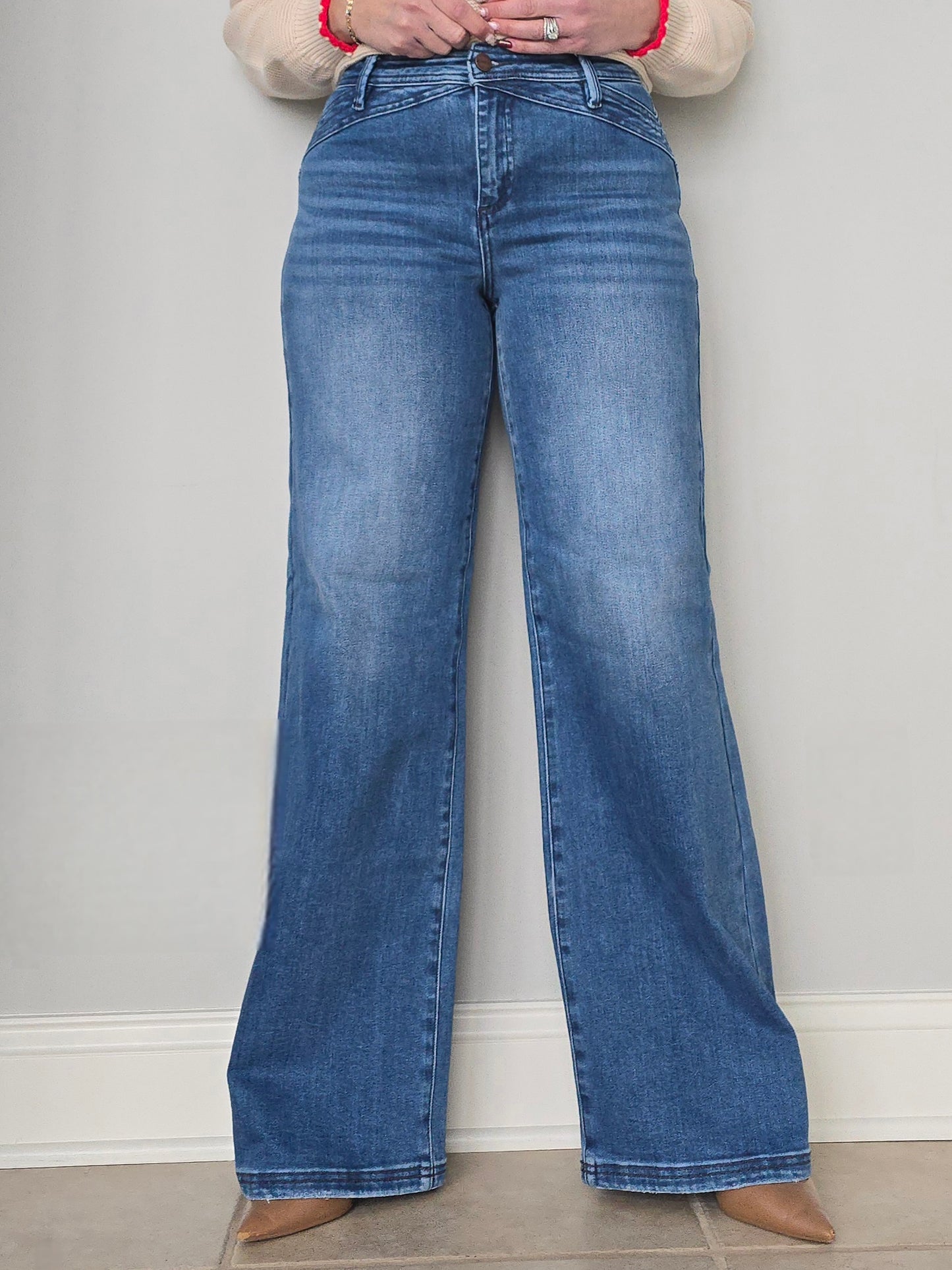 High Rise Waist Detail Wide Leg Jeans