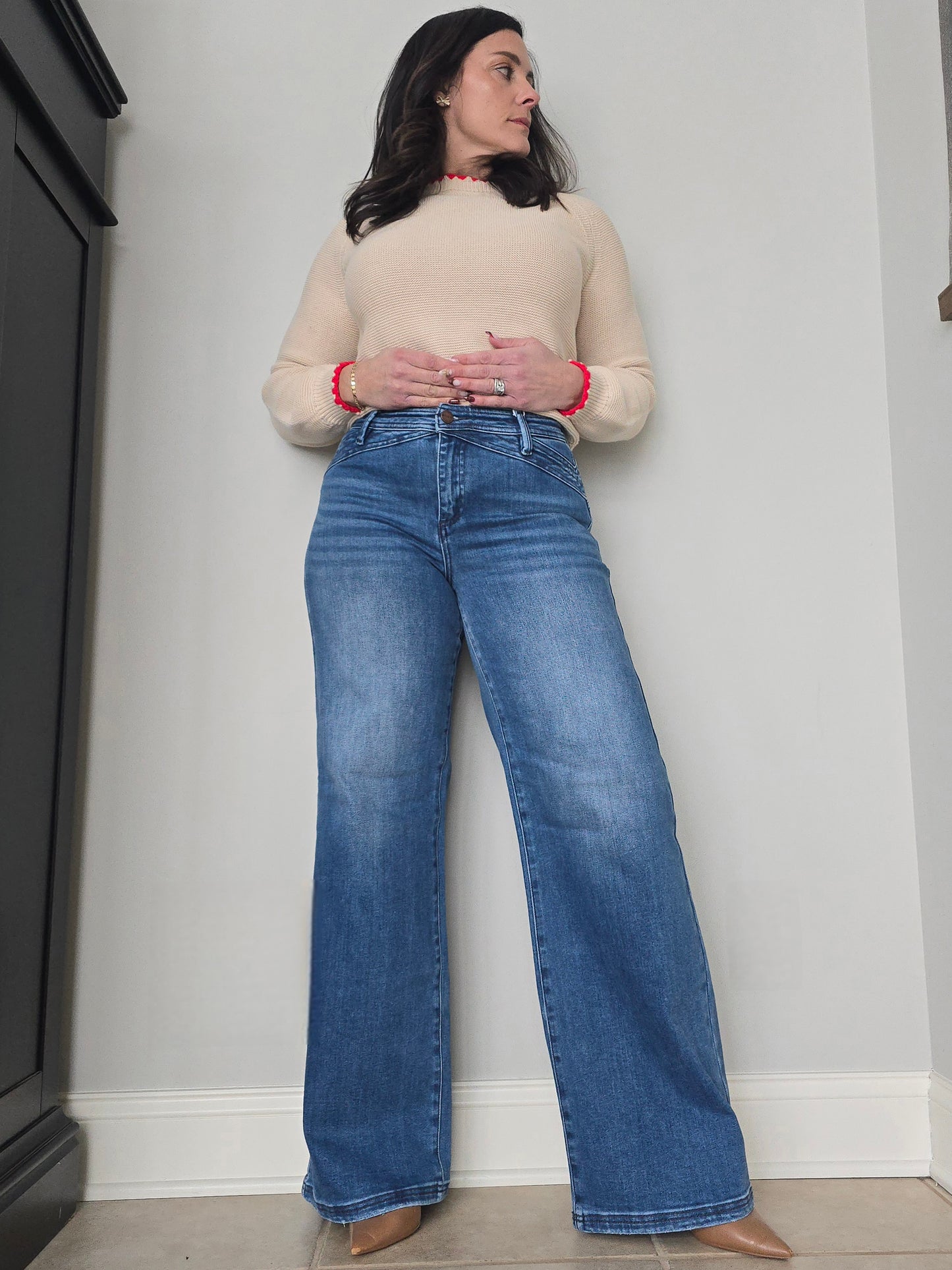 High Rise Waist Detail Wide Leg Jeans