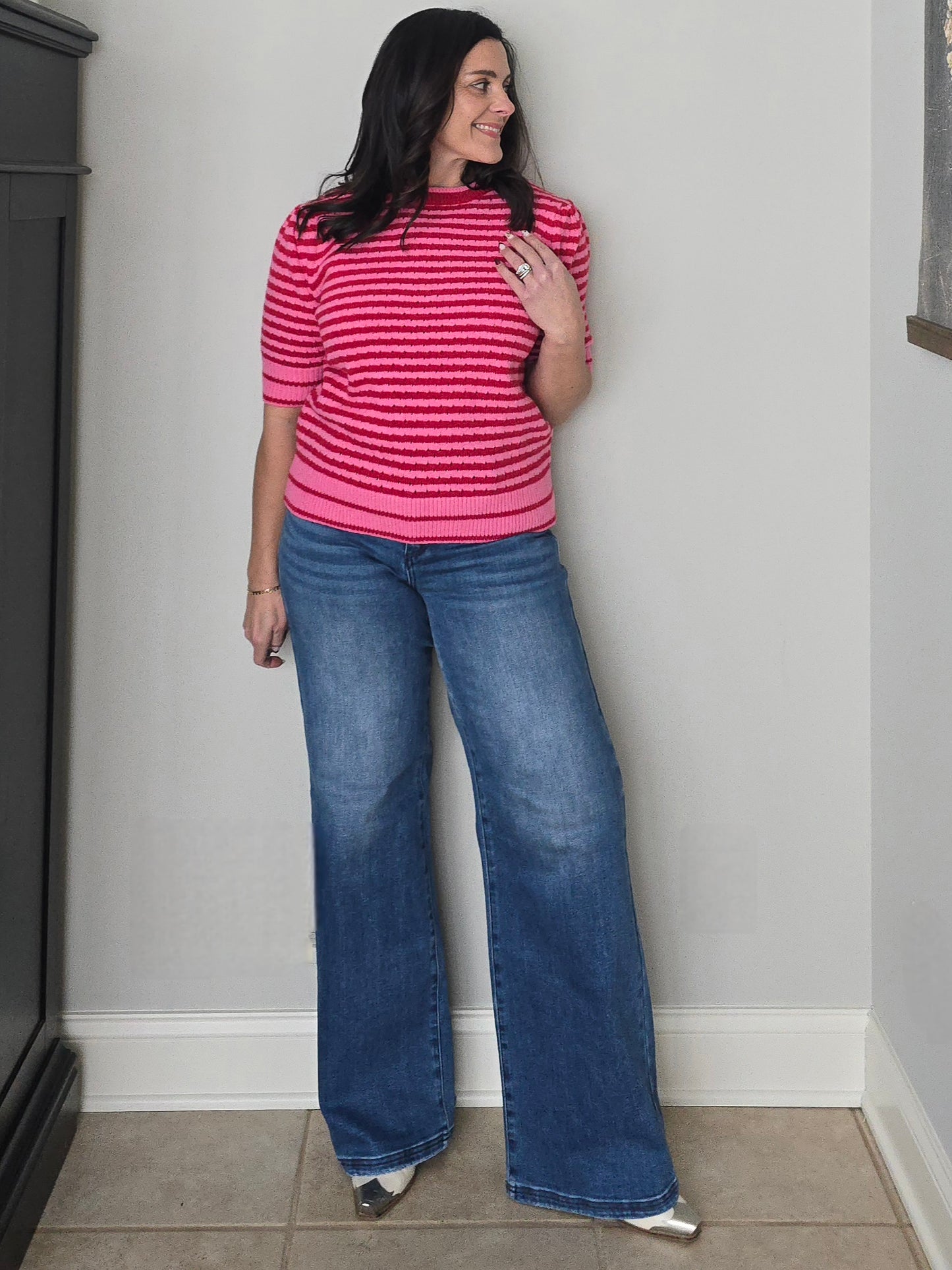 Red and Pink Striped Pointelle Short Sleeve Sweater