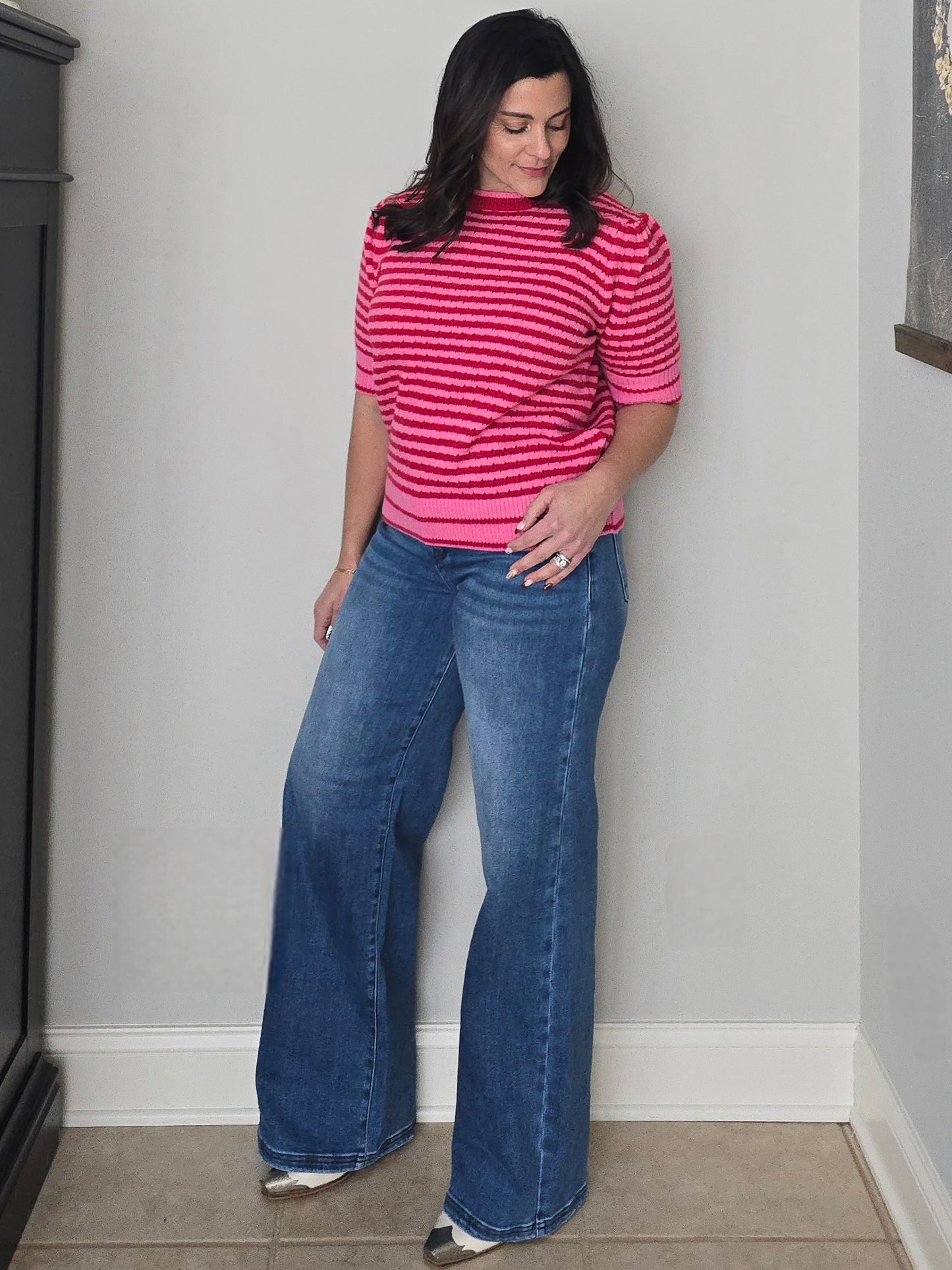 High Rise Waist Detail Wide Leg Jeans