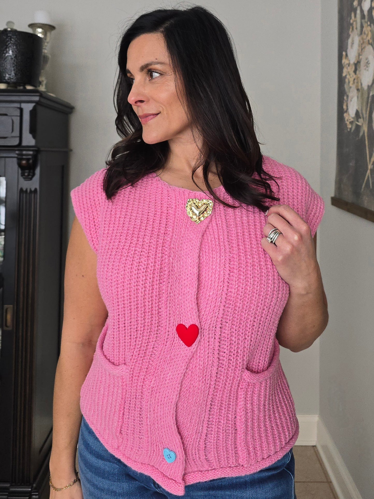 Pink Knit Heart Button Vest