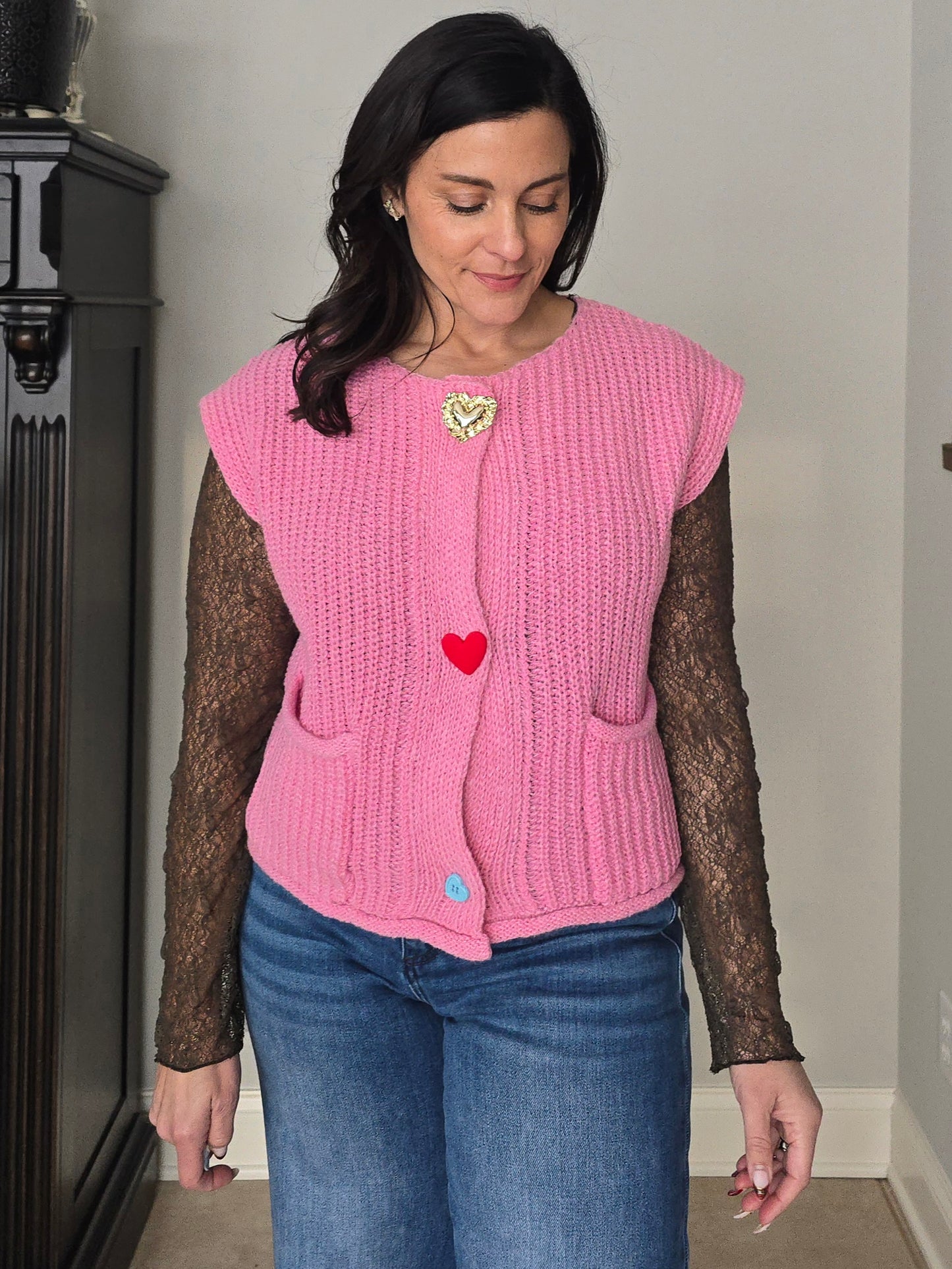 Pink Knit Heart Button Vest