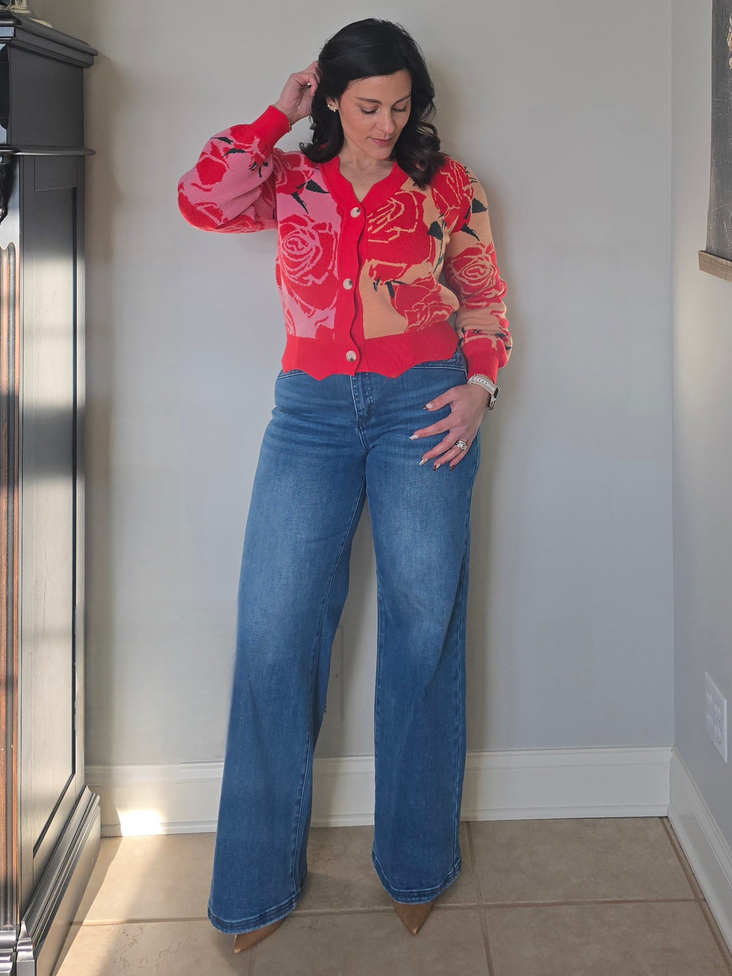 Red Rose Floral Button Front Cardigan