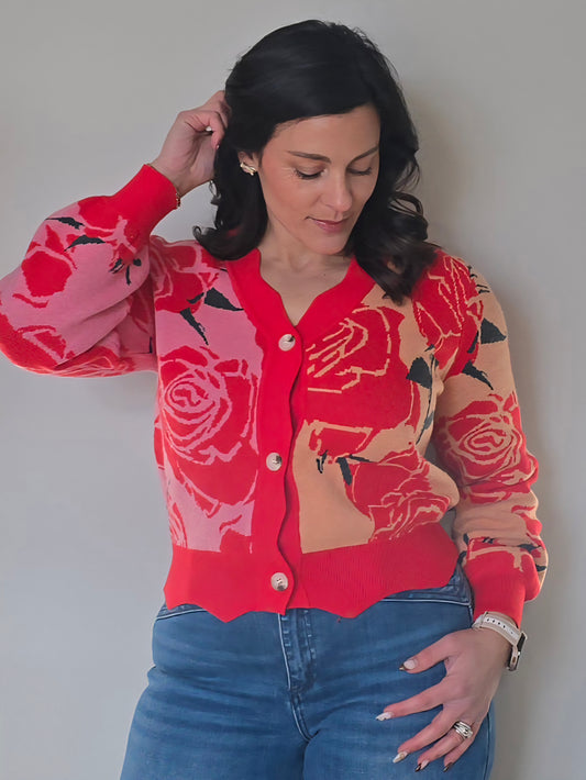 Red Rose Floral Button Front Cardigan