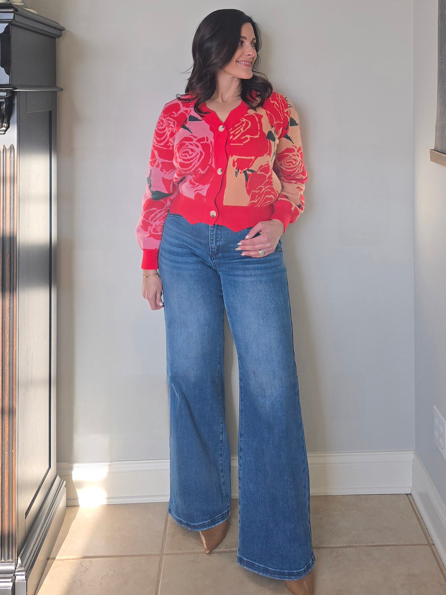 Red Rose Floral Button Front Cardigan