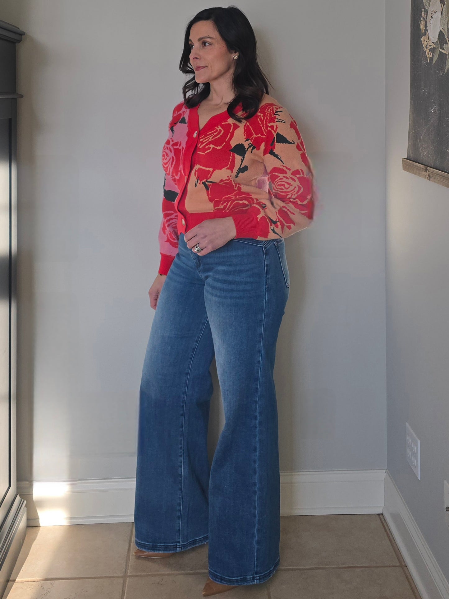 Red Rose Floral Button Front Cardigan