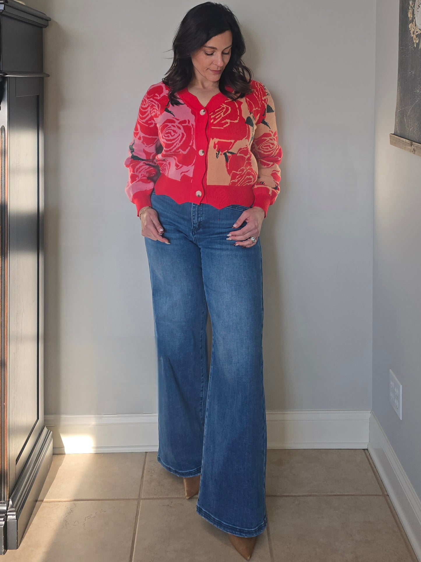 Red Rose Floral Button Front Cardigan