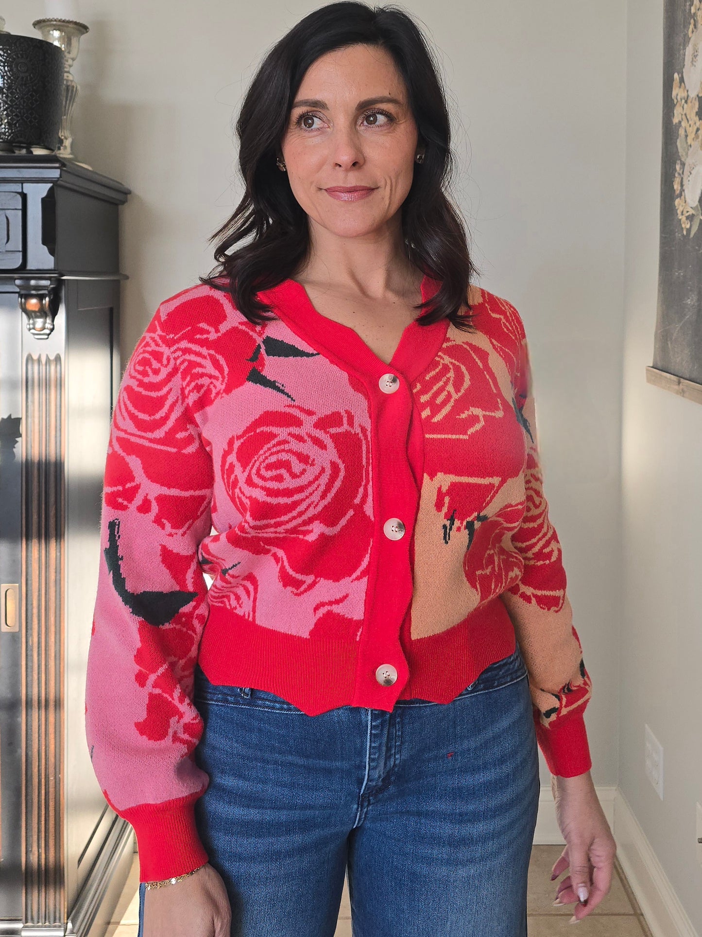 Red Rose Floral Button Front Cardigan