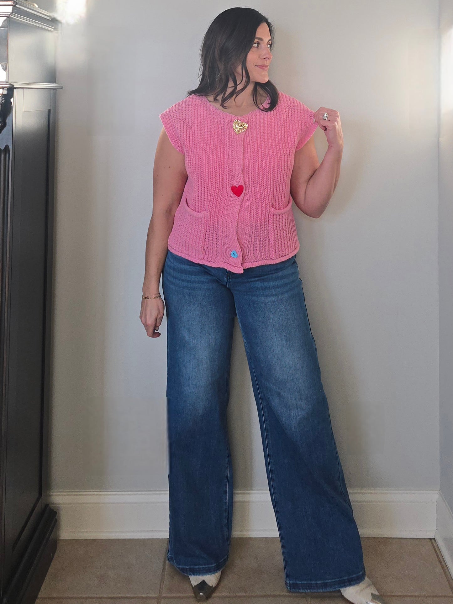 Pink Knit Heart Button Vest