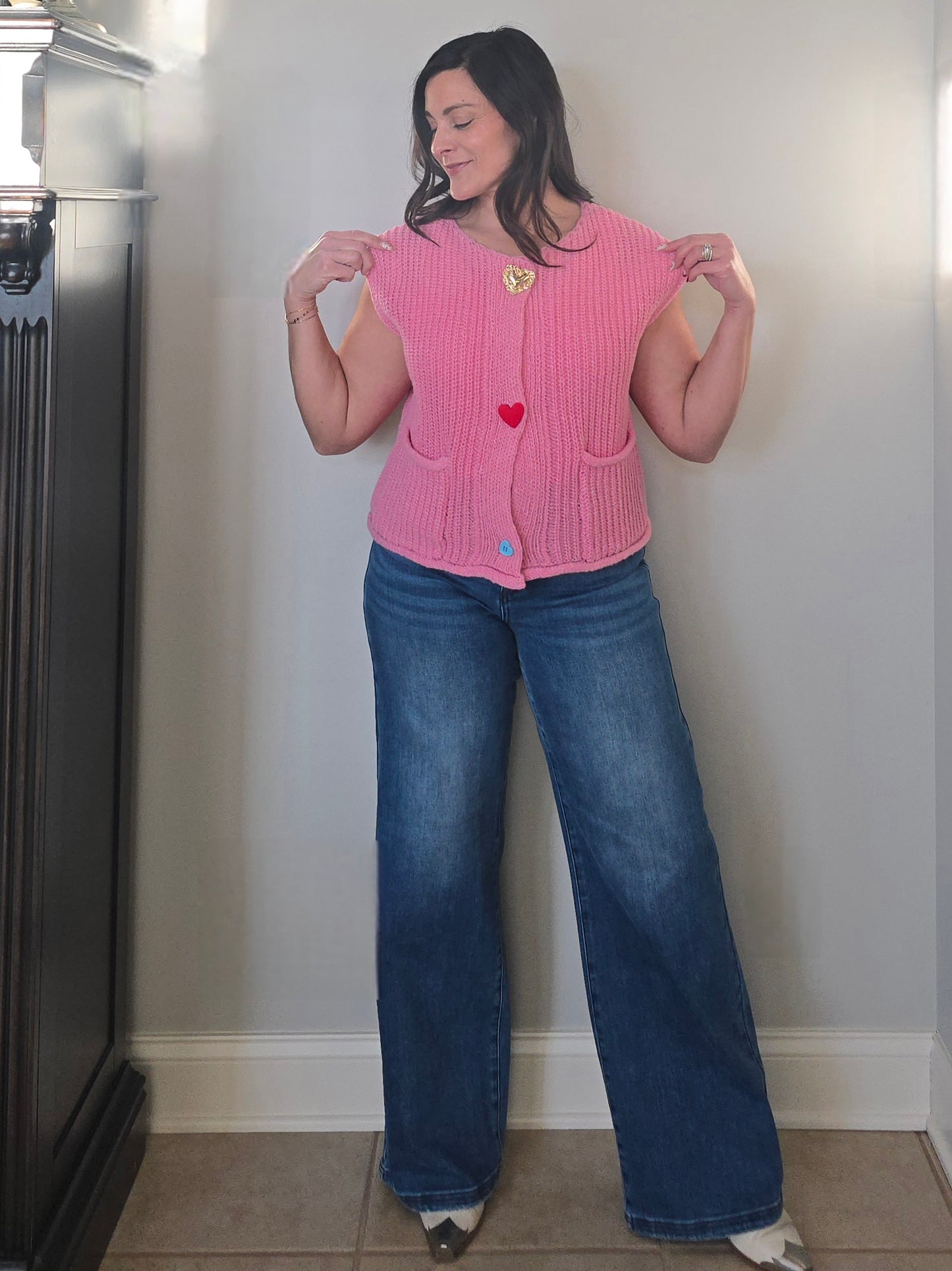 Pink Knit Heart Button Vest